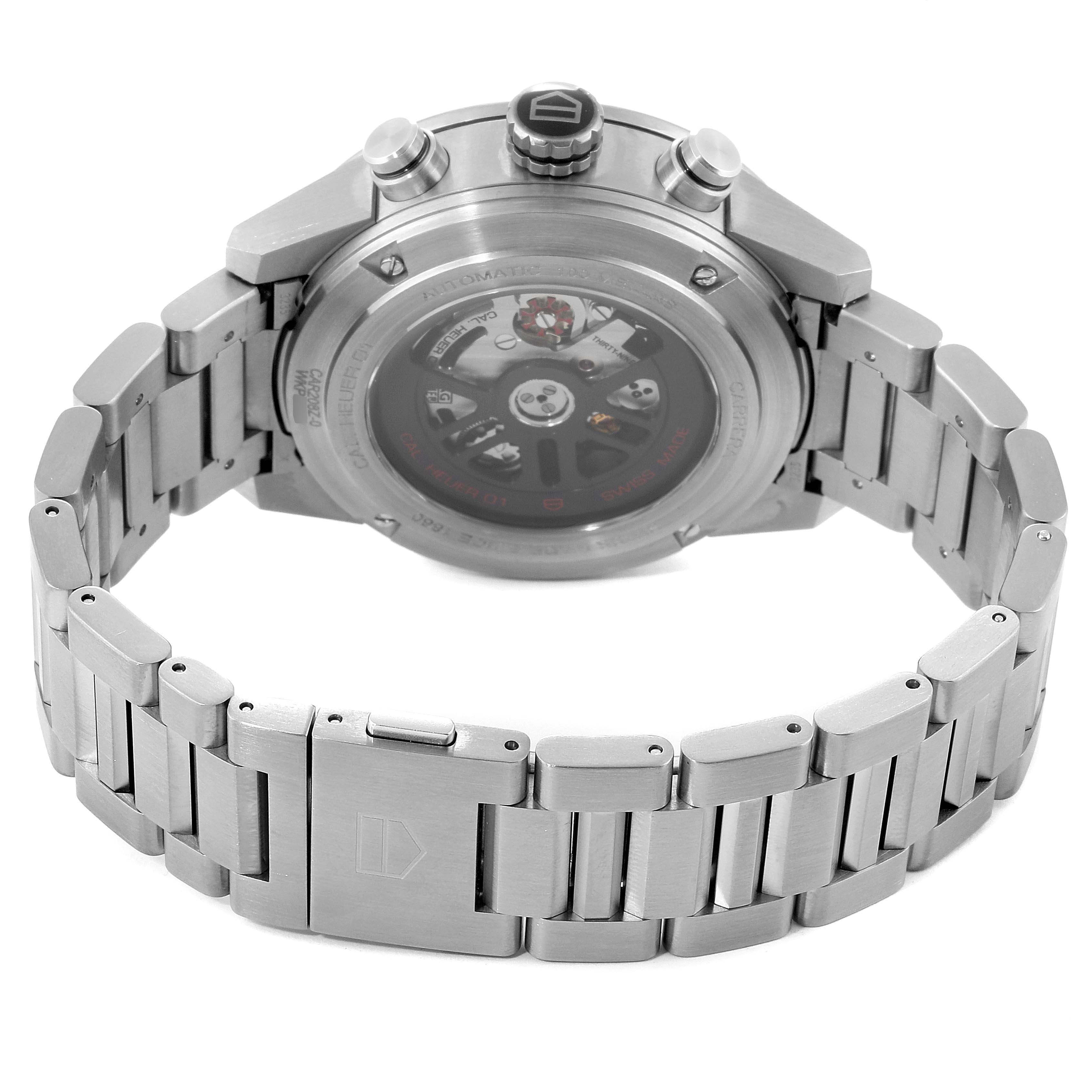 This image shows the back of the Carrera model by Tag Heuer, highlighting its stainless steel bracelet and case back.