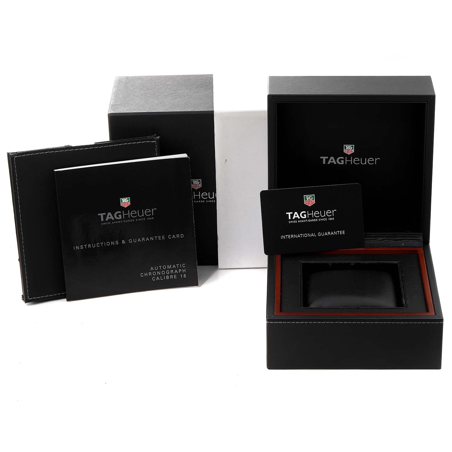 The image shows the packaging including the box, manuals, and guarantee card for the Carrera model by Tag Heuer.