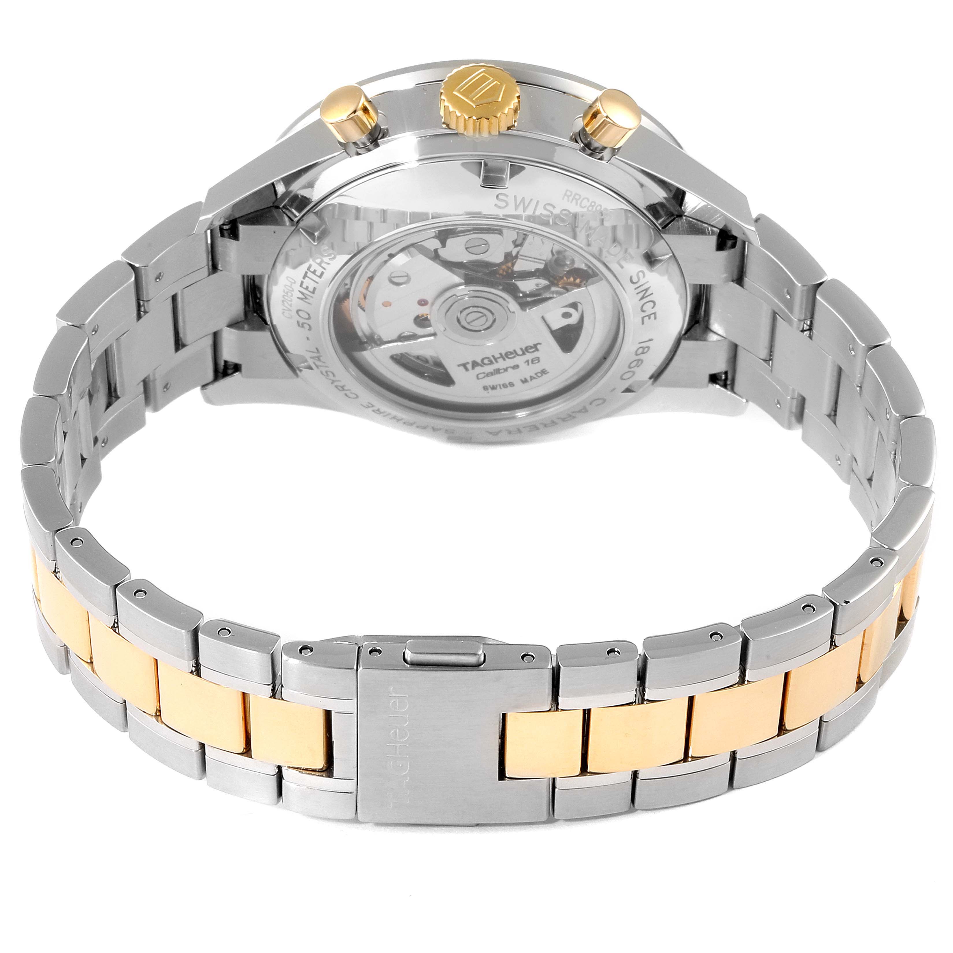 The image shows the back and bracelet of a Tag Heuer Carrera CV2050.BD0789 Men's Steel and Gold (two tone) White Dial CV2050.BD0789 Men's Steel and Gold (two tone) White Dial watch, highlighting its two-tone metal strap and transparent case back.