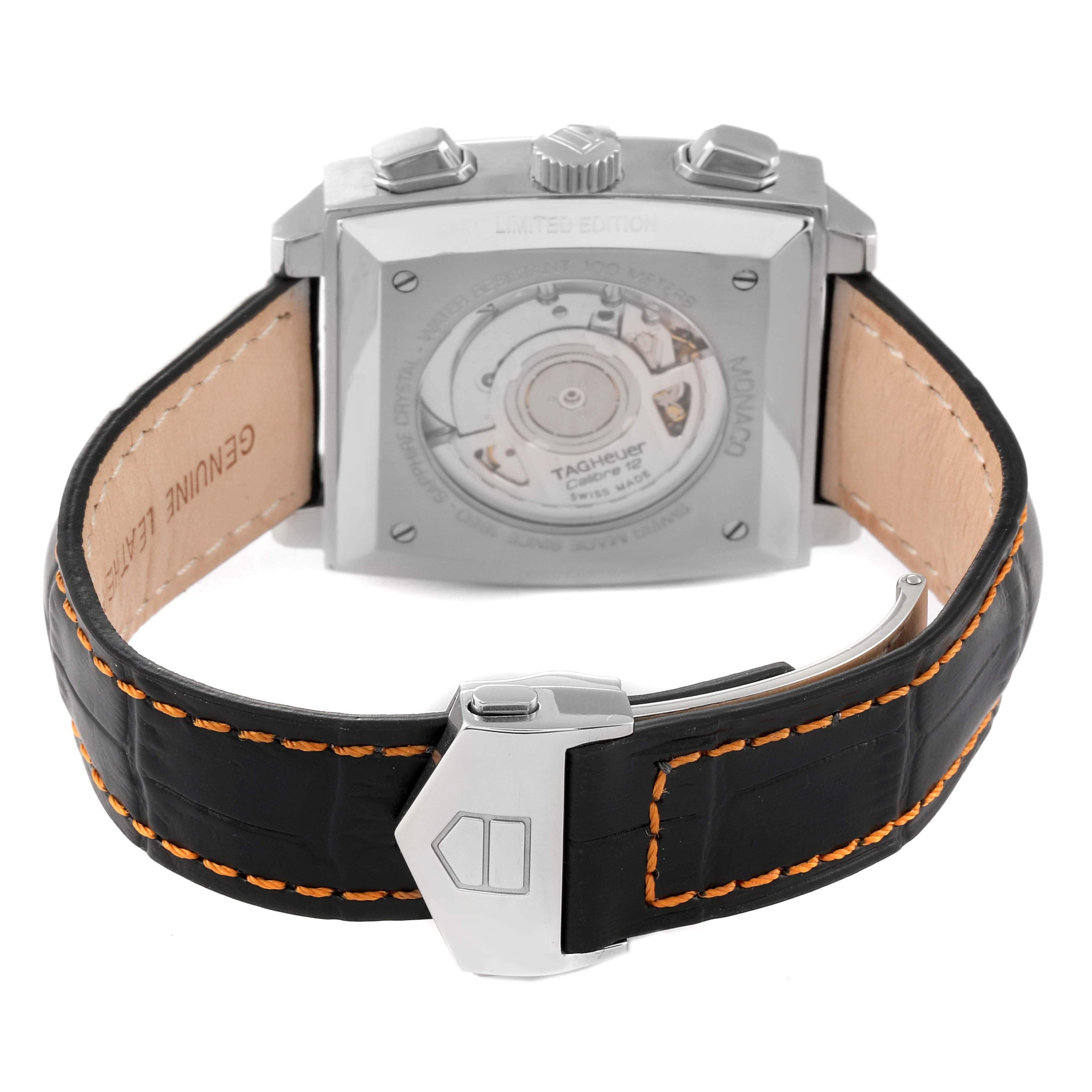 This image shows the back view of the Tag Heuer Limited Edition CAW211K.FC6311 Men
s Stainless Steel Black Dial CAW211K.FC6311 Men
s Stainless Steel Black Dial watch, highlighting the case back and leather strap with orange stitching.