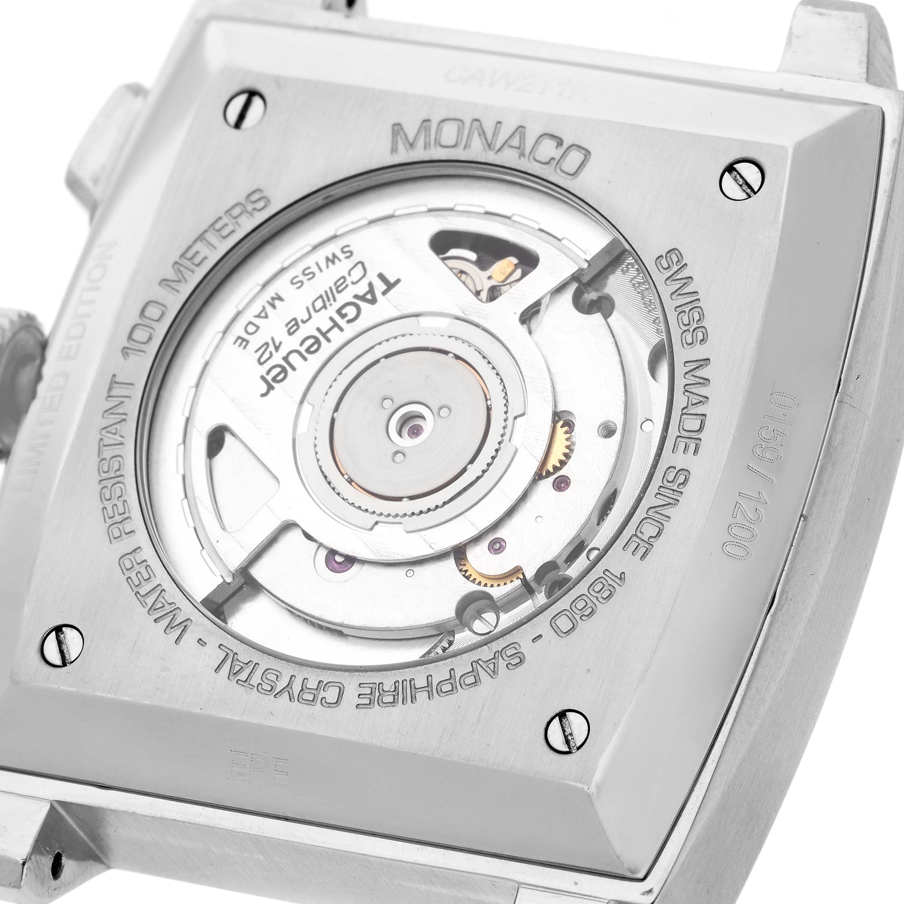 The image shows the back of the Tag Heuer Monaco Limited Edition watch, highlighting its movement and case engravings.