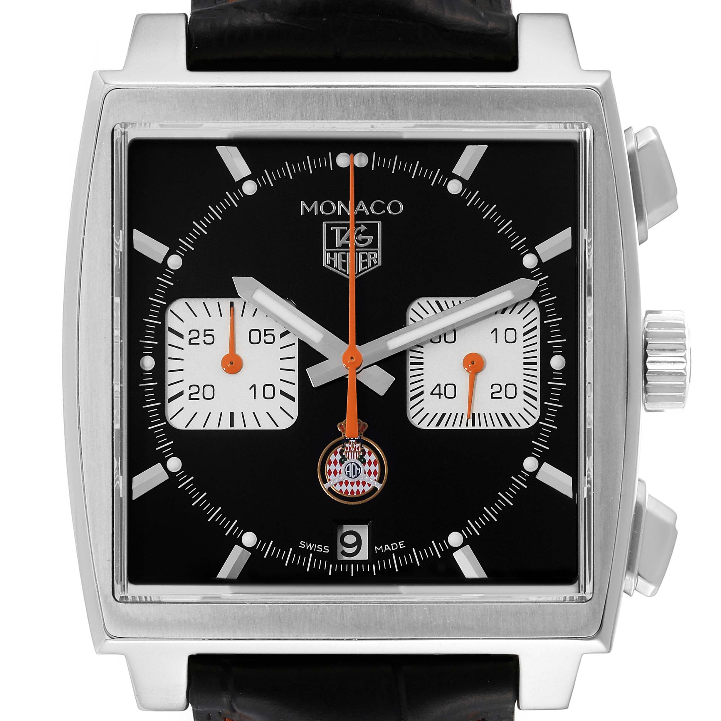 The image shows the front view of a Tag Heuer Monaco Limited Edition watch, highlighting its black dial, sub-dials, and stainless steel case.