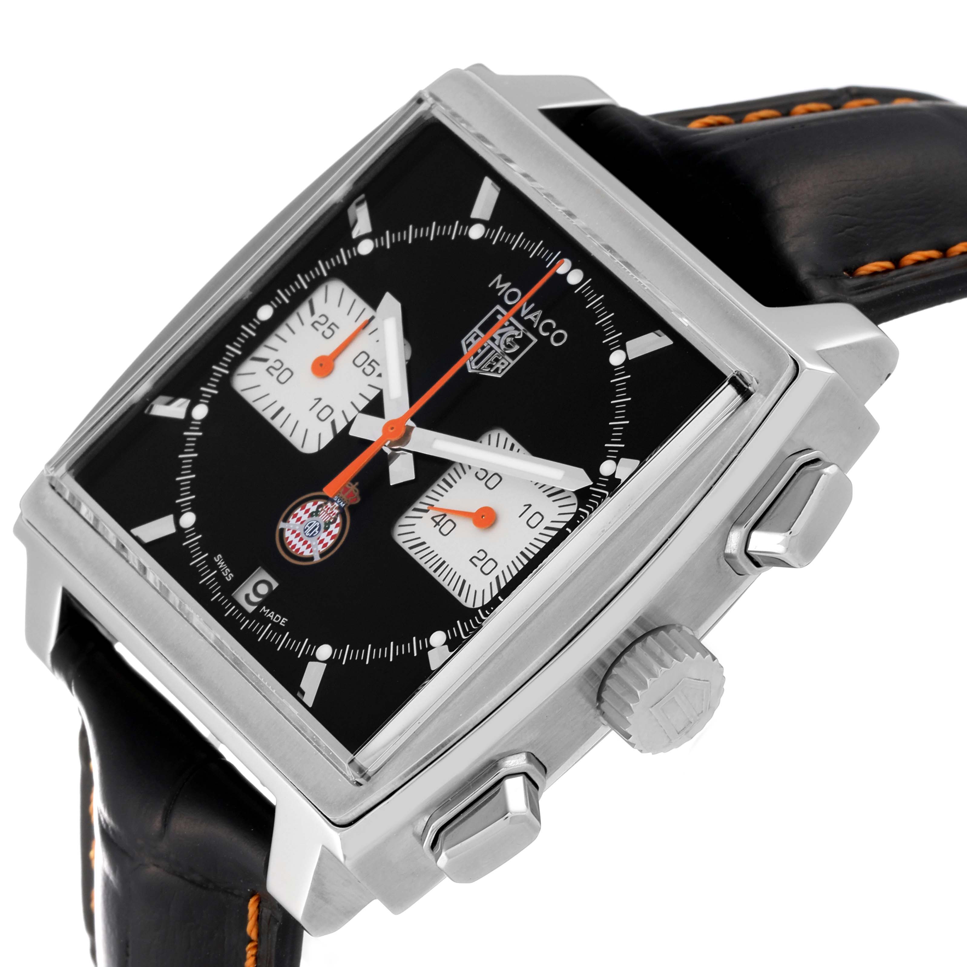 The image shows a close-up, angled view of the Tag Heuer Monaco Limited Edition watch, highlighting the face, crown, and strap.