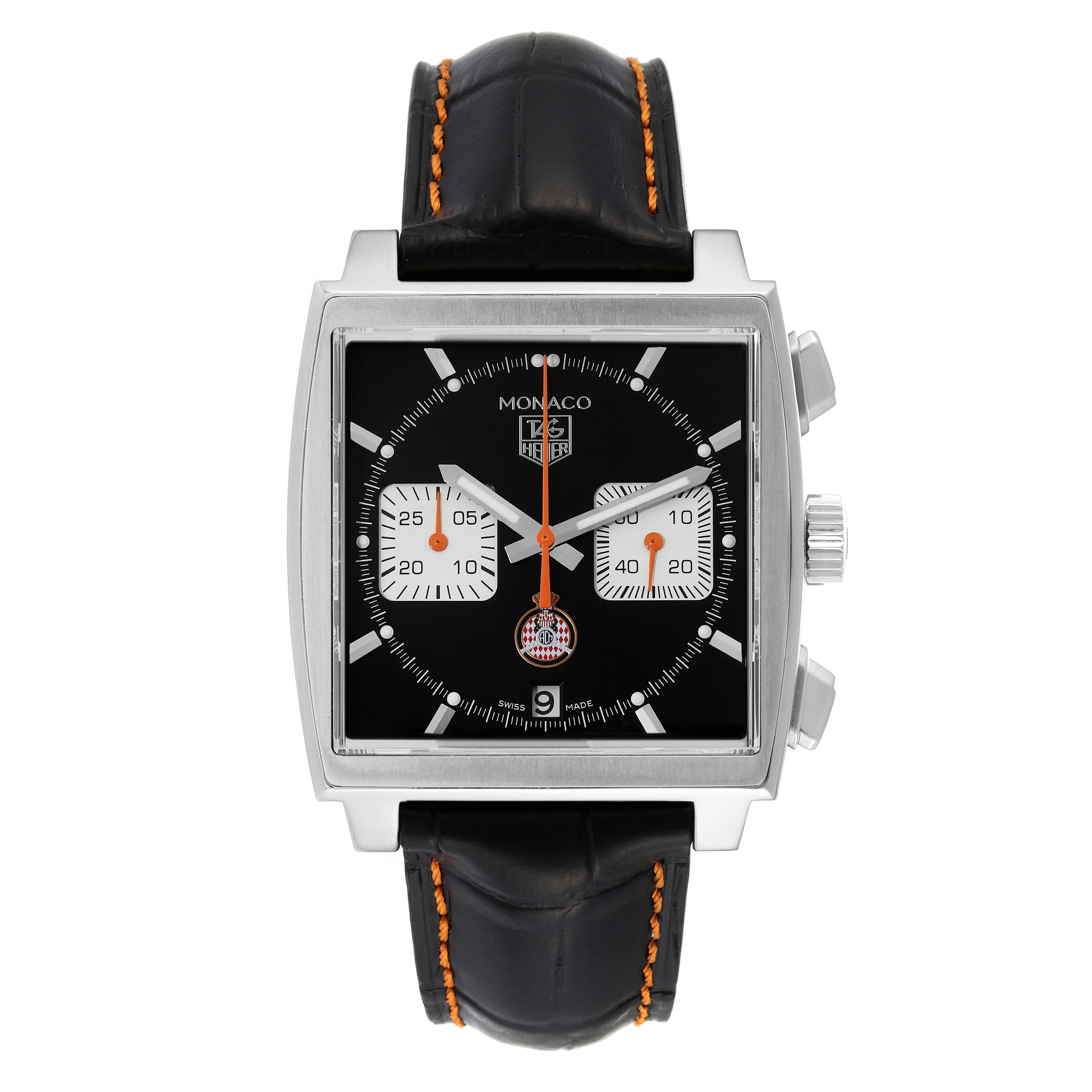 The image shows a front view of the Tag Heuer Monaco Limited Edition watch, highlighting its square case, black dial, and leather strap.
