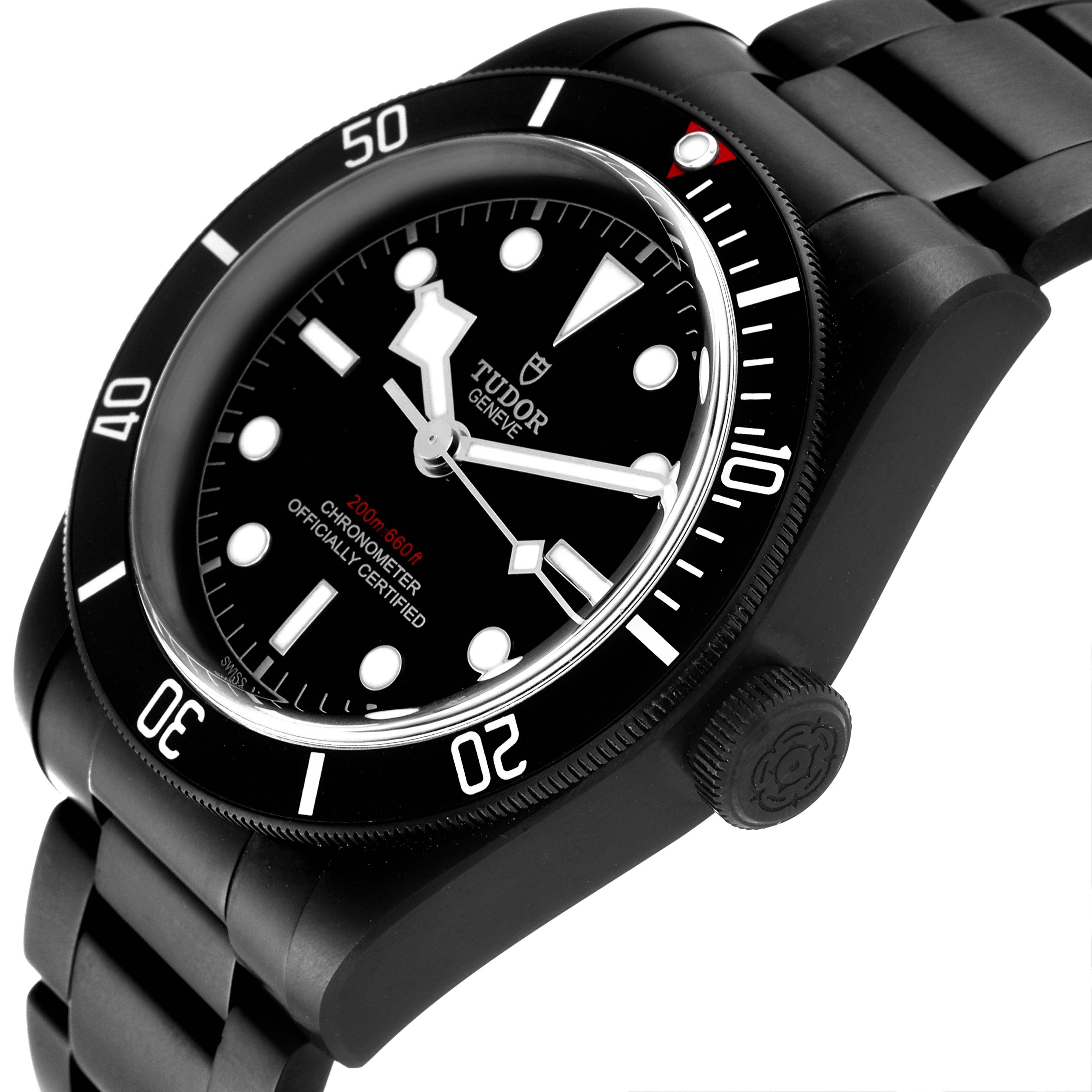 The image shows an angled front view of the Tudor Heritage Black Bay 79230DK Men's Stainless Steel Black Dial 79230DK Men's Stainless Steel Black Dial watch, highlighting the dial, bezel, and bracelet.