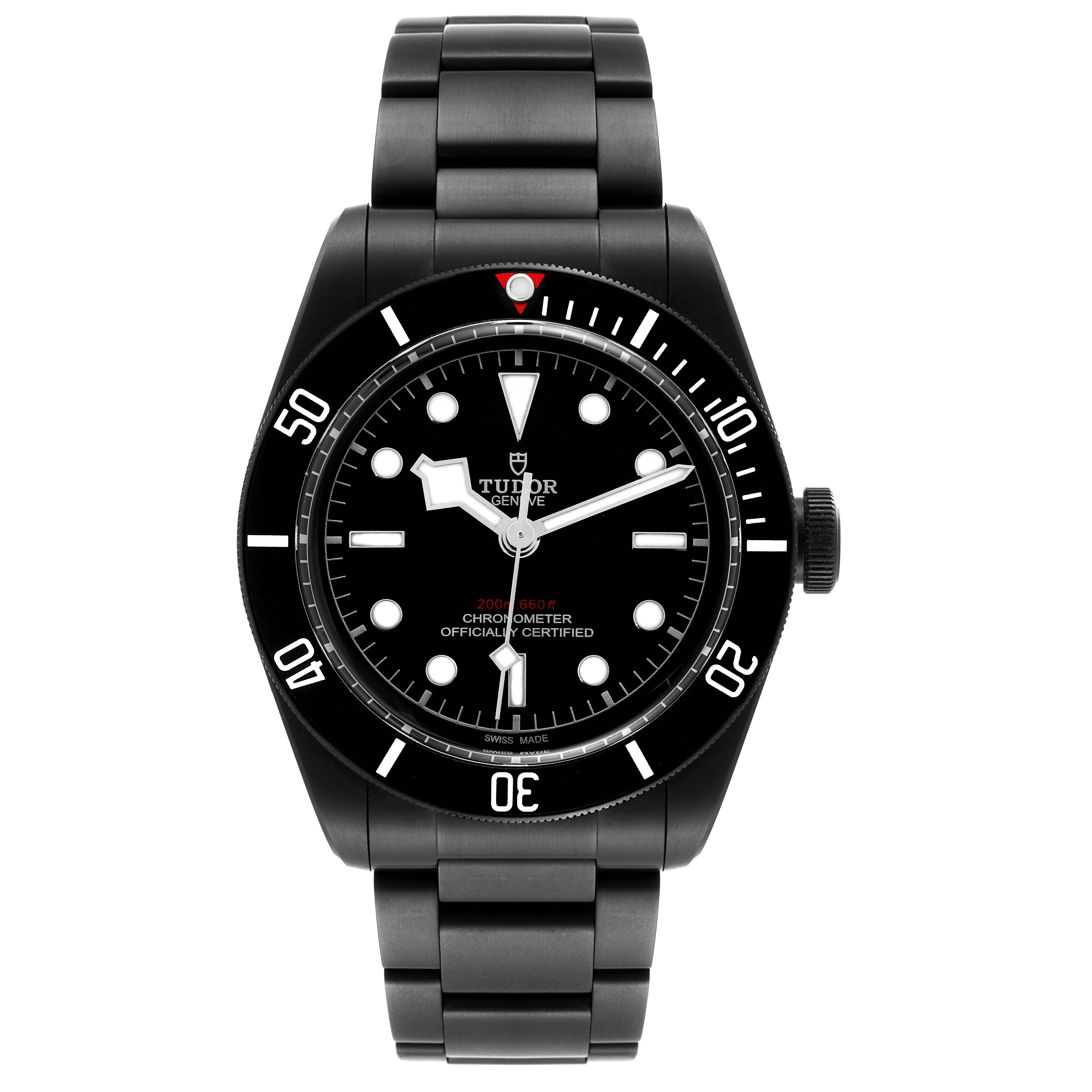 The image shows a front view of a Tudor Heritage Black Bay 79230DK Men's Stainless Steel Black Dial 79230DK Men's Stainless Steel Black Dial watch, highlighting the bezel, dial, and bracelet.