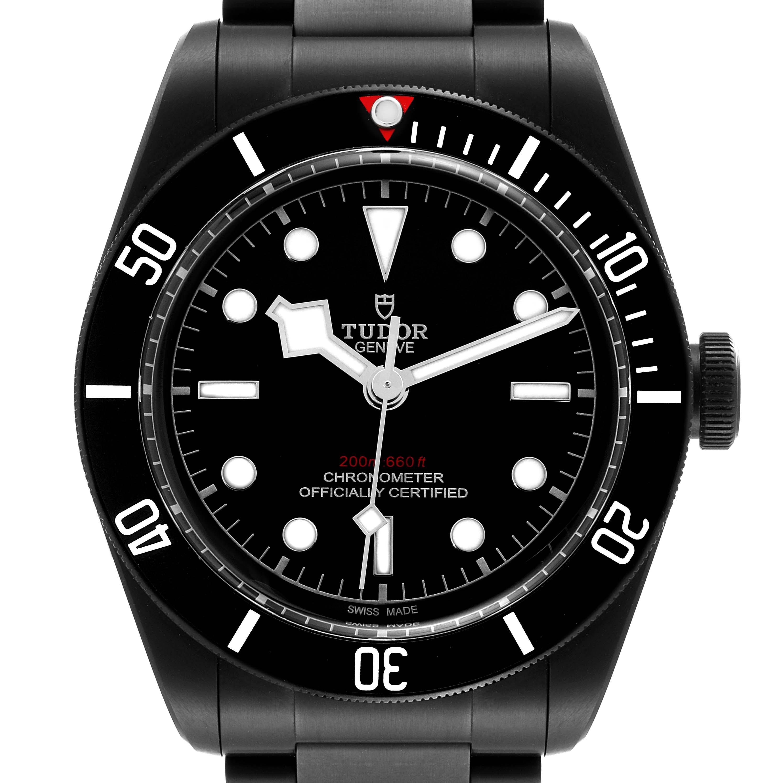 The image shows a front view of the Tudor Heritage Black Bay 79230DK Men's Stainless Steel Black Dial 79230DK Men's Stainless Steel Black Dial watch, highlighting the dial, bezel, and bracelet just above the lugs.