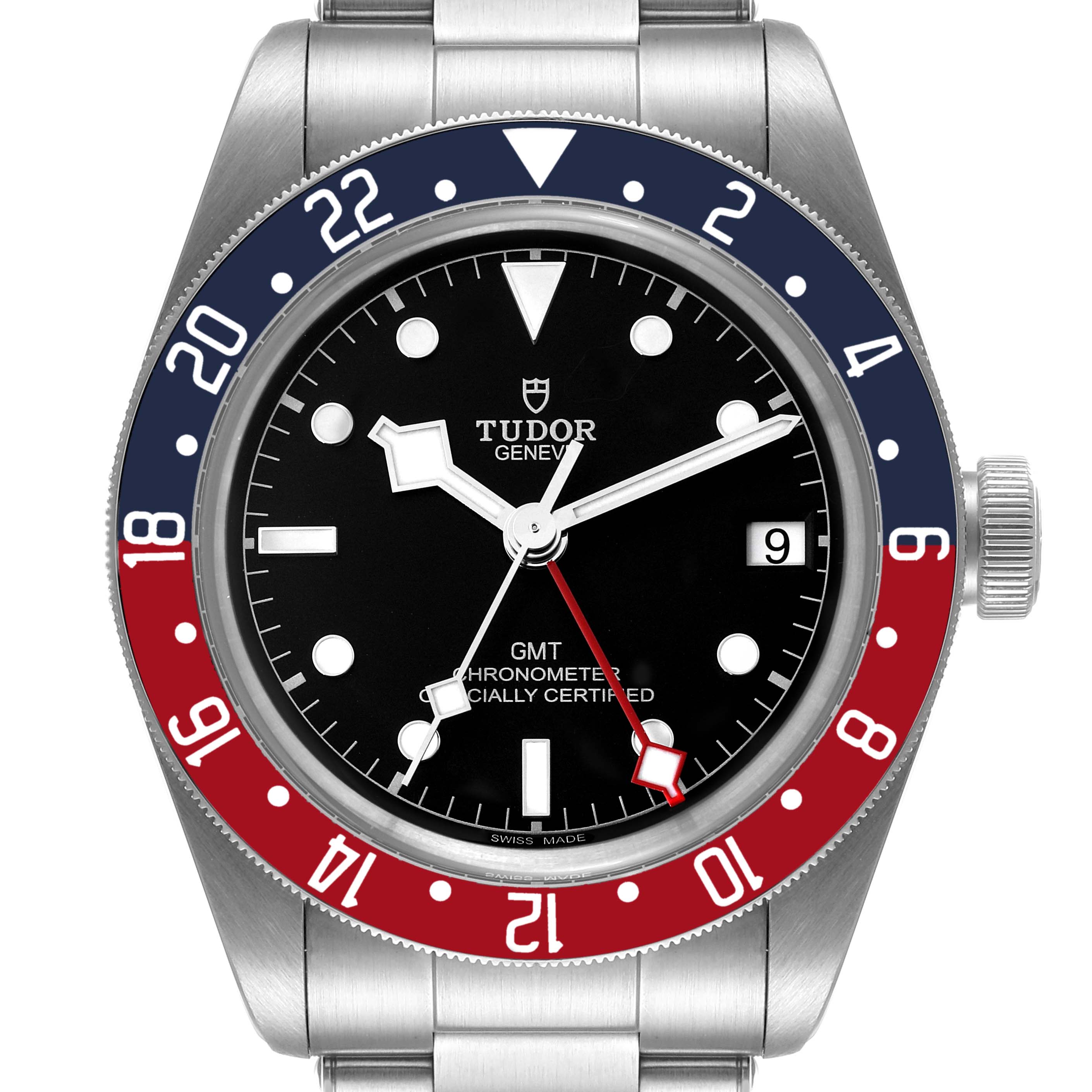 This image shows a front view of a Tudor Heritage Black Bay 79830RB Men's Stainless Steel Black Dial 79830RB Men's Stainless Steel Black Dial GMT watch, highlighting its dial, bezel, and bracelet.