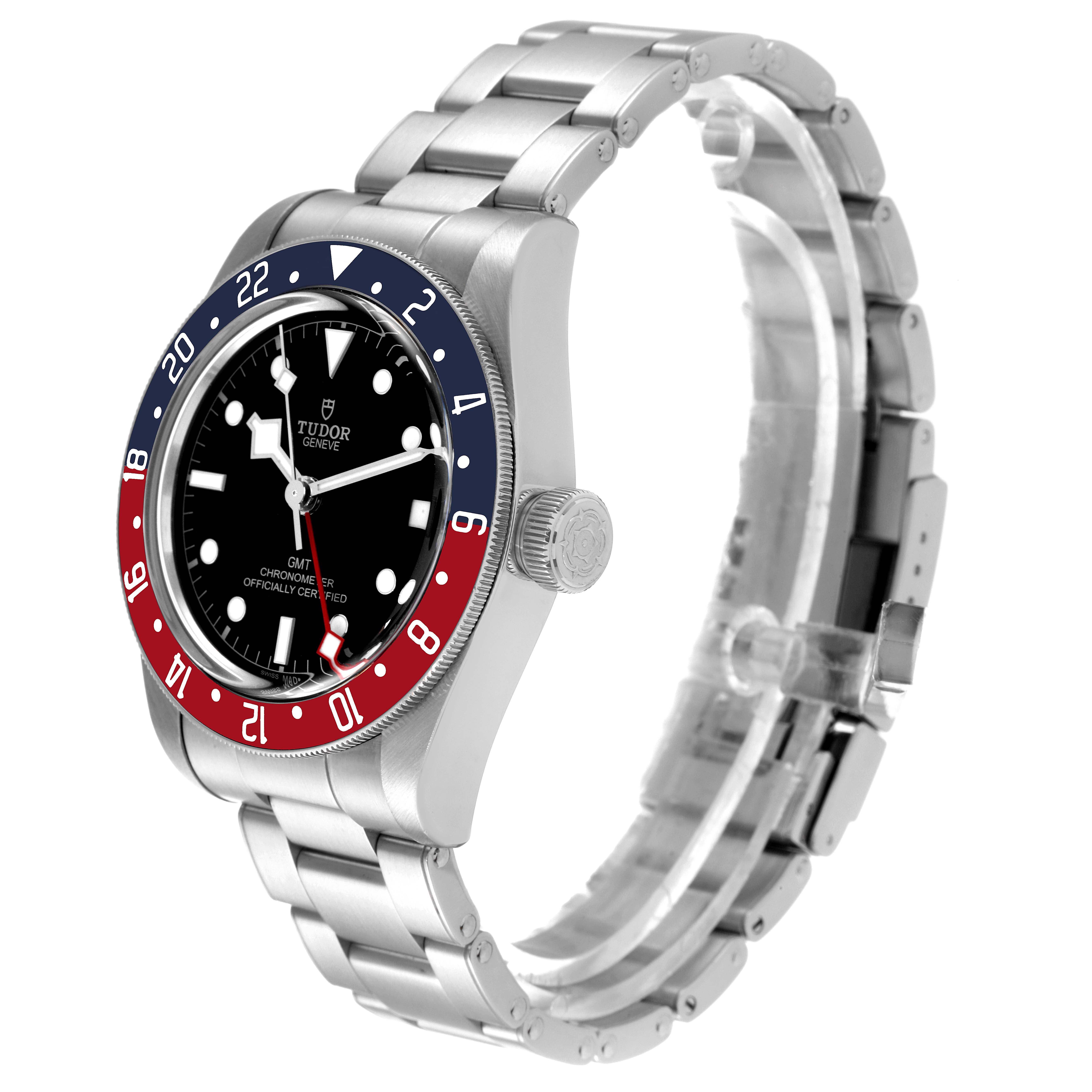 The photo shows a Tudor Heritage Black Bay 79830RB Men's Stainless Steel Black Dial 79830RB Men's Stainless Steel Black Dial watch at a slight side angle, clearly displaying the bezel, dial, crown, and bracelet.