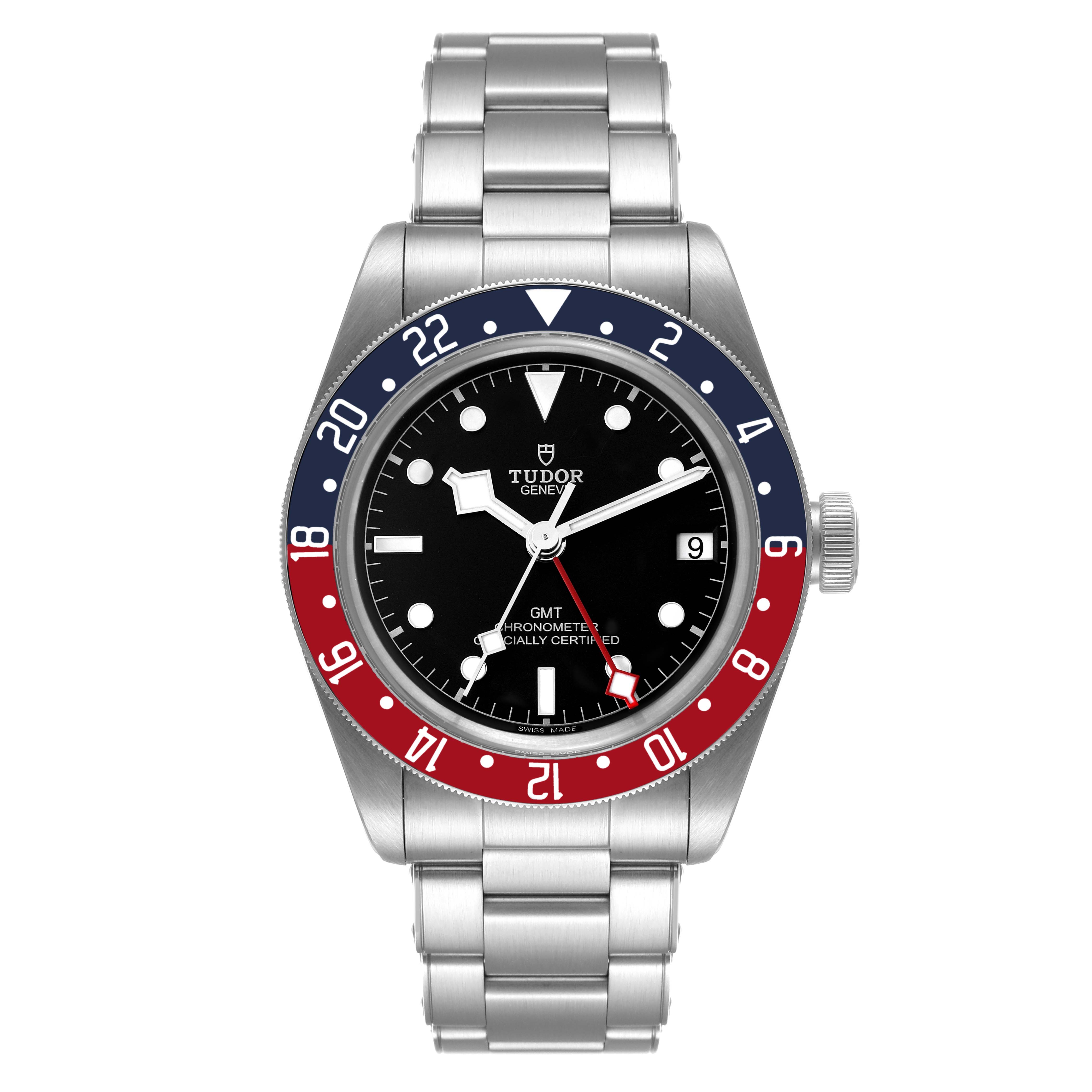 The image shows a front view of the Tudor Heritage Black Bay 79830RB Men's Stainless Steel Black Dial 79830RB Men's Stainless Steel Black Dial GMT watch with a stainless steel bracelet and a red and blue bezel.