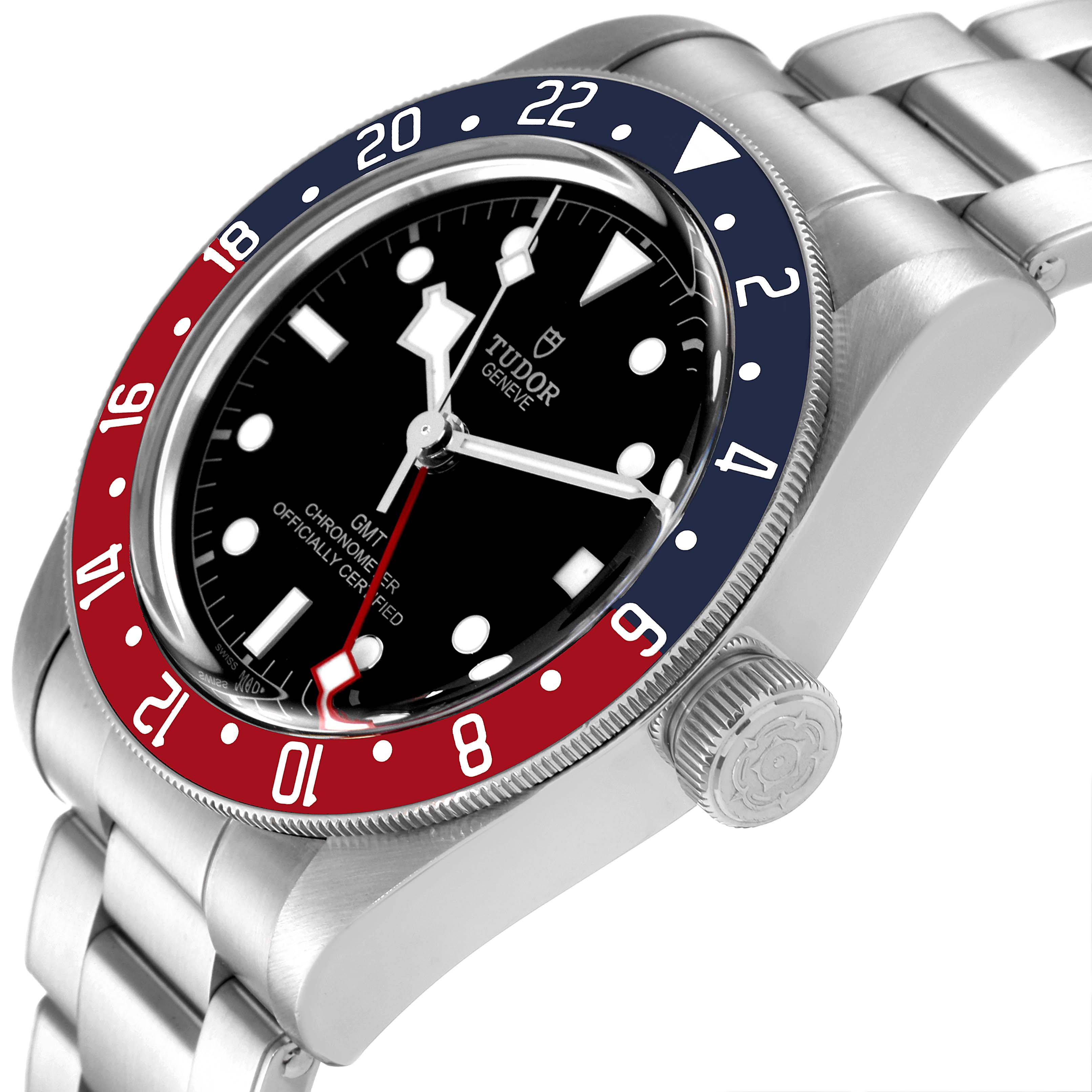 The Tudor Heritage Black Bay 79830RB Men's Stainless Steel Black Dial 79830RB Men's Stainless Steel Black Dial watch is shown at an angled view, highlighting the bezel, dial, crown, and bracelet.