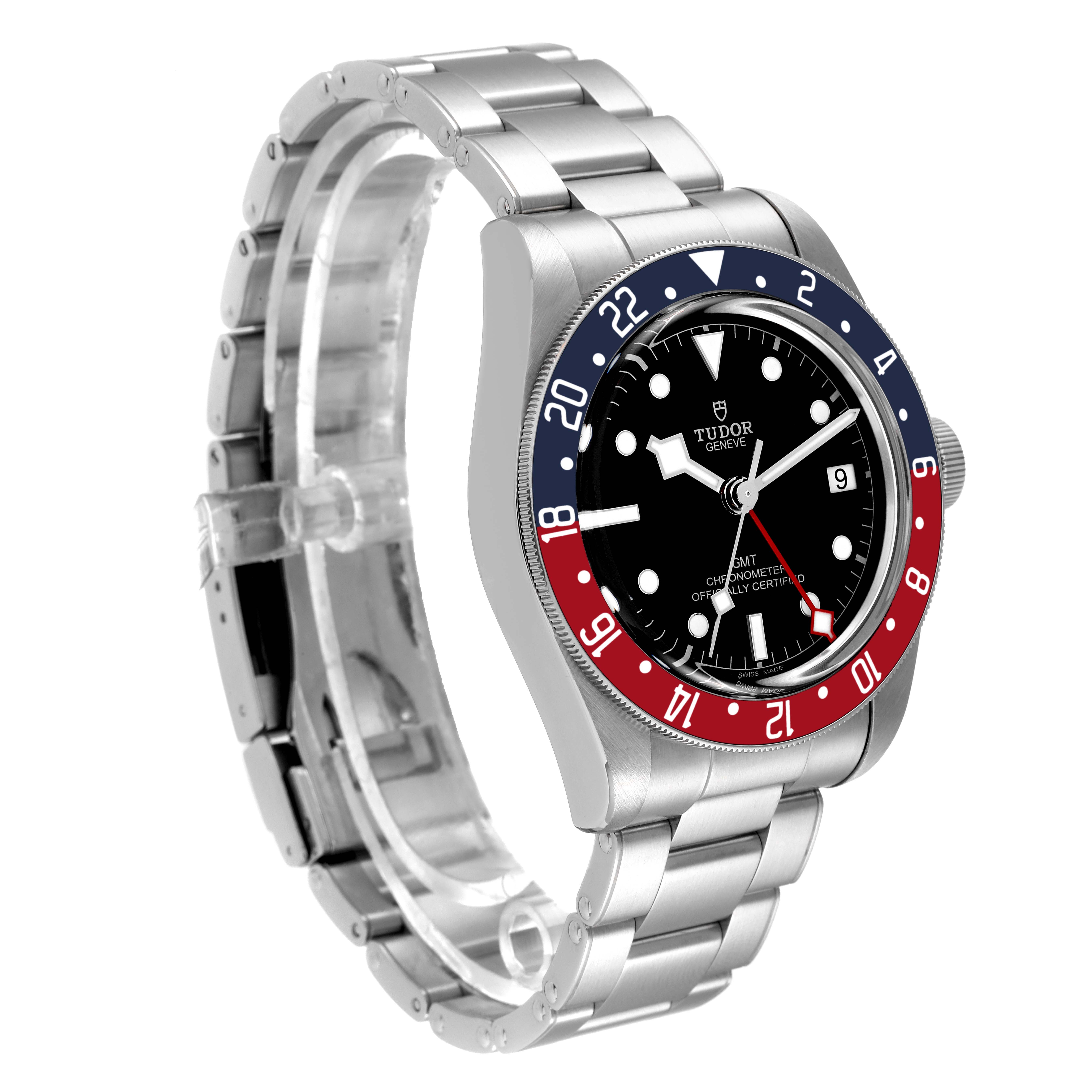 The image shows the face and bezel of the Tudor Heritage Black Bay 79830RB Men's Stainless Steel Black Dial 79830RB Men's Stainless Steel Black Dial watch at an angled side view.