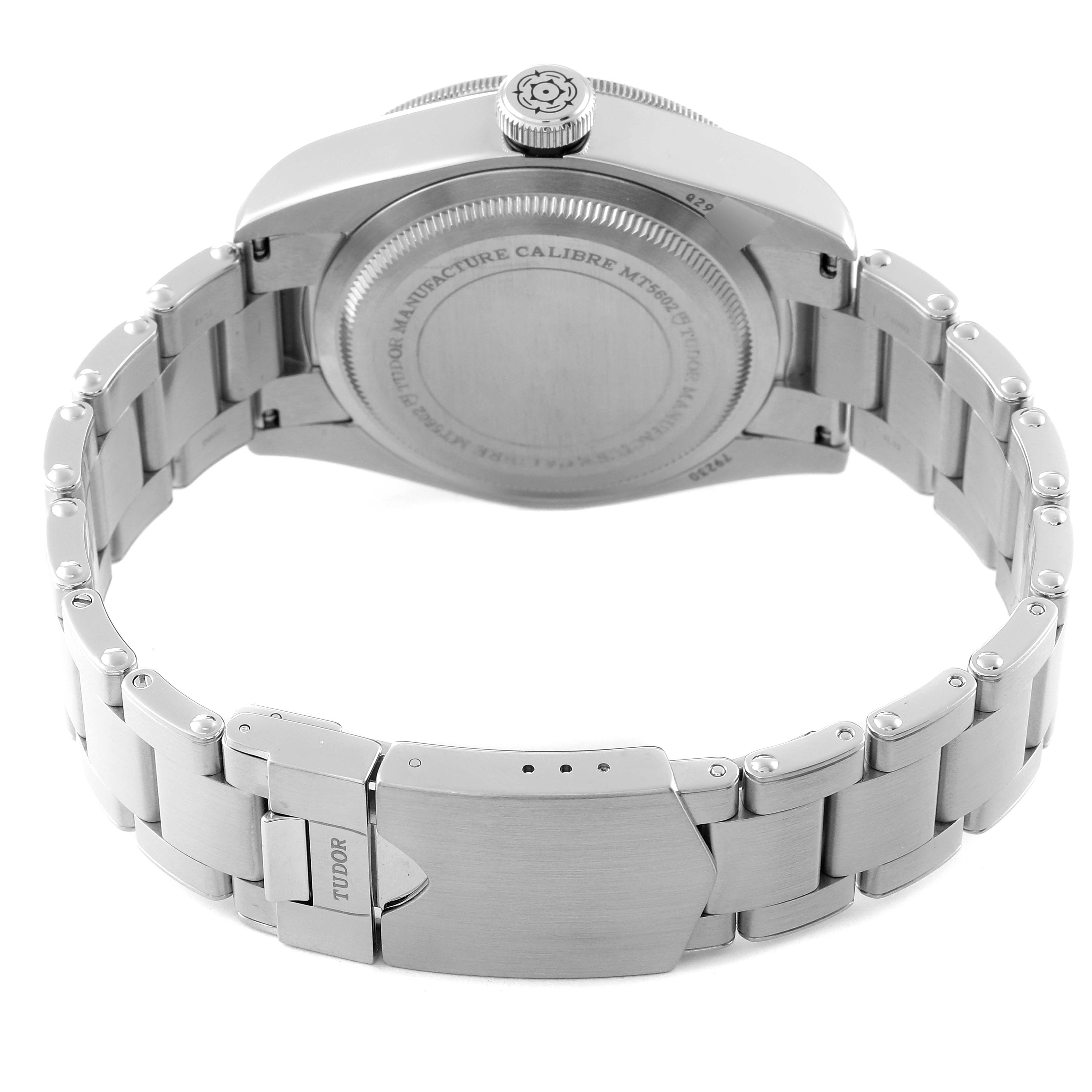 The image shows the back case, crown, and clasp of the Tudor Heritage Black Bay 79230 Men's Stainless Steel Black Dial 79230 Men's Stainless Steel Black Dial watch from a rear angle.