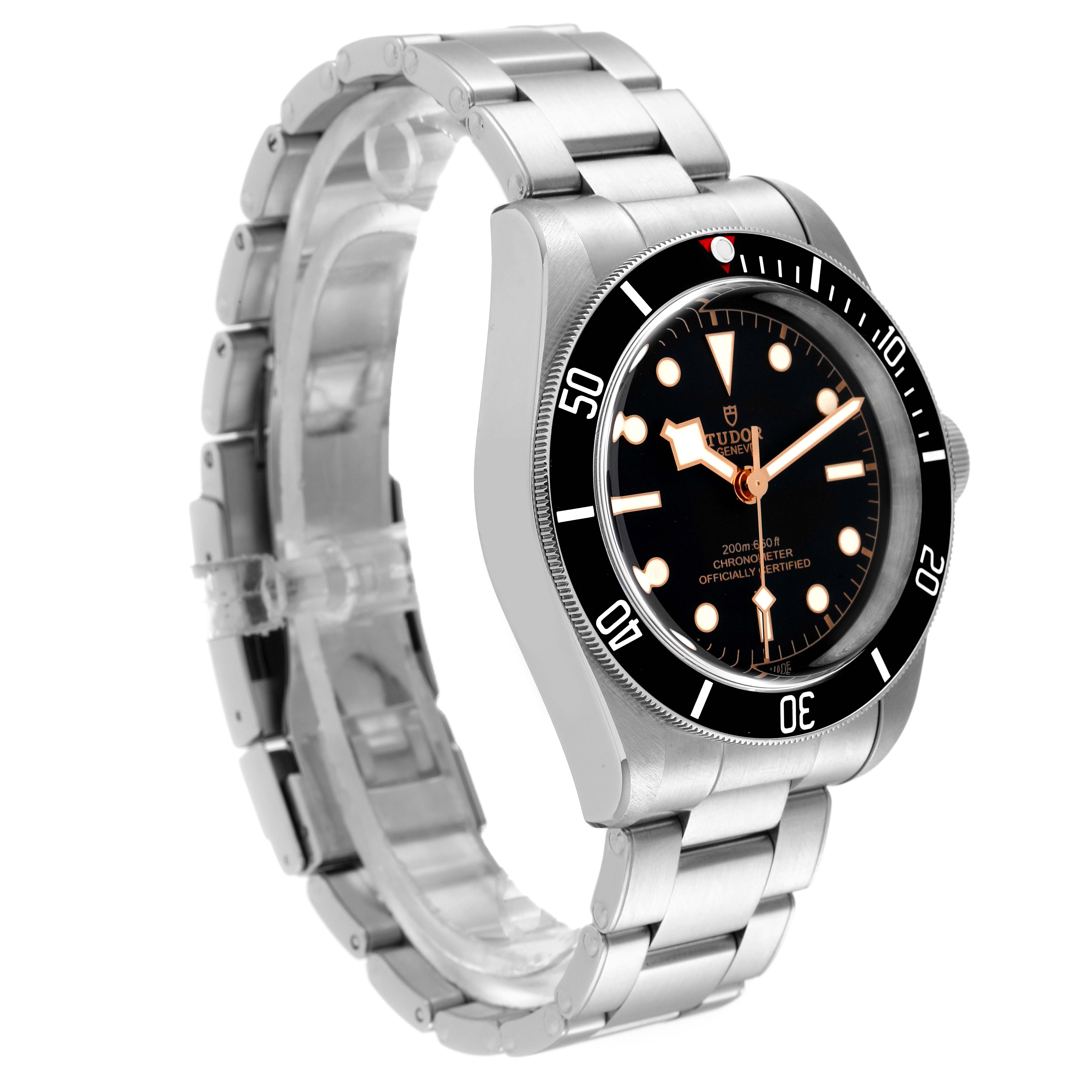 The image shows a Tudor Heritage Black Bay 79230 Men's Stainless Steel Black Dial 79230 Men's Stainless Steel Black Dial watch at a slight angle, highlighting its face, bezel, and metal bracelet.