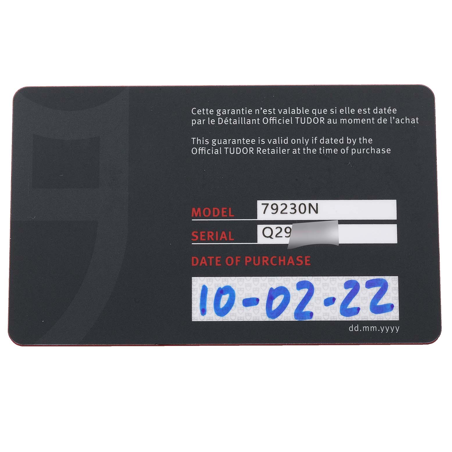 This image shows the warranty card for a Tudor Heritage Black Bay 79230 Men's Stainless Steel Black Dial 79230 Men's Stainless Steel Black Dial watch, model number 79230N.