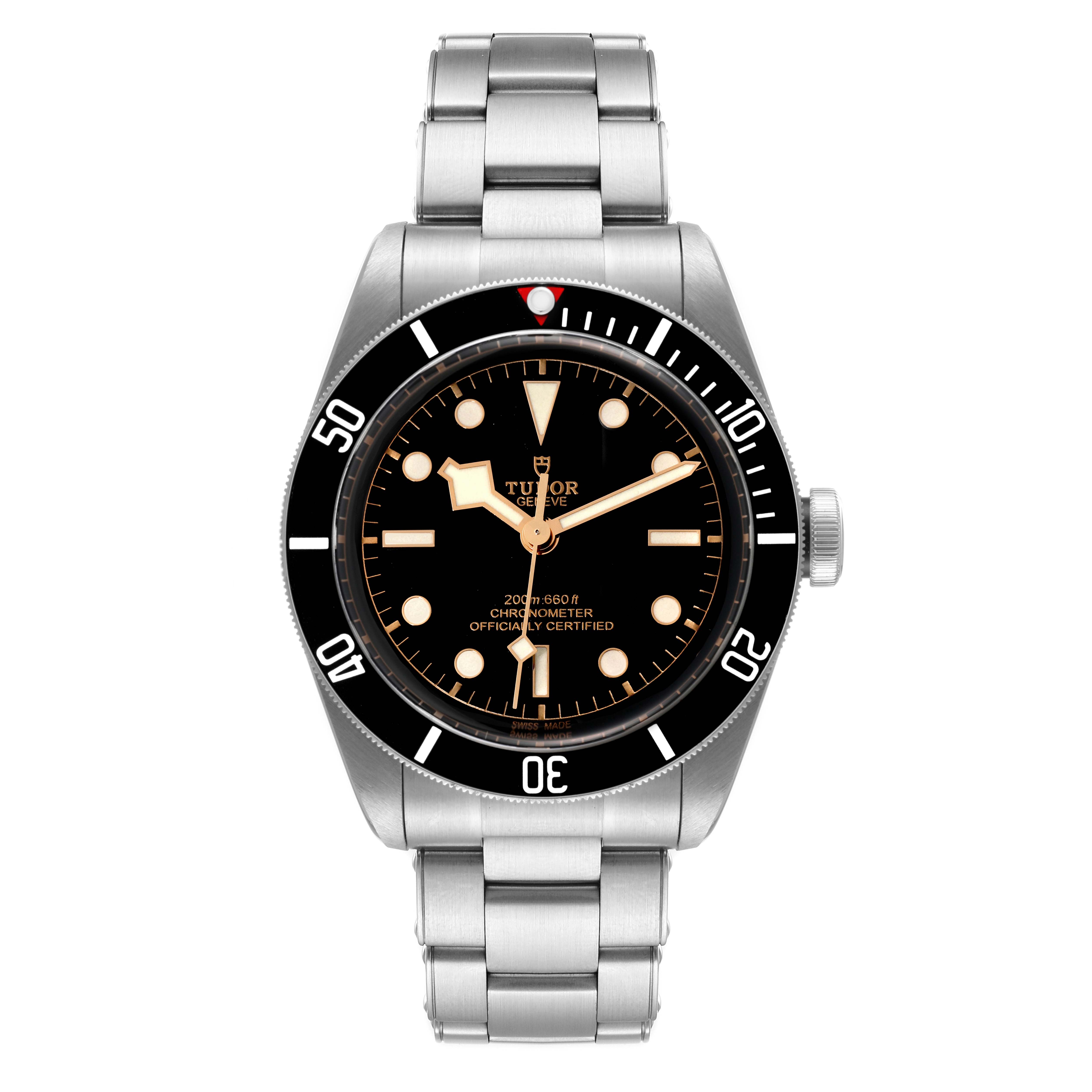 This image shows a front view of the Tudor Heritage Black Bay 79230 Men's Stainless Steel Black Dial 79230 Men's Stainless Steel Black Dial watch, including its black dial, bezel, and stainless steel bracelet.