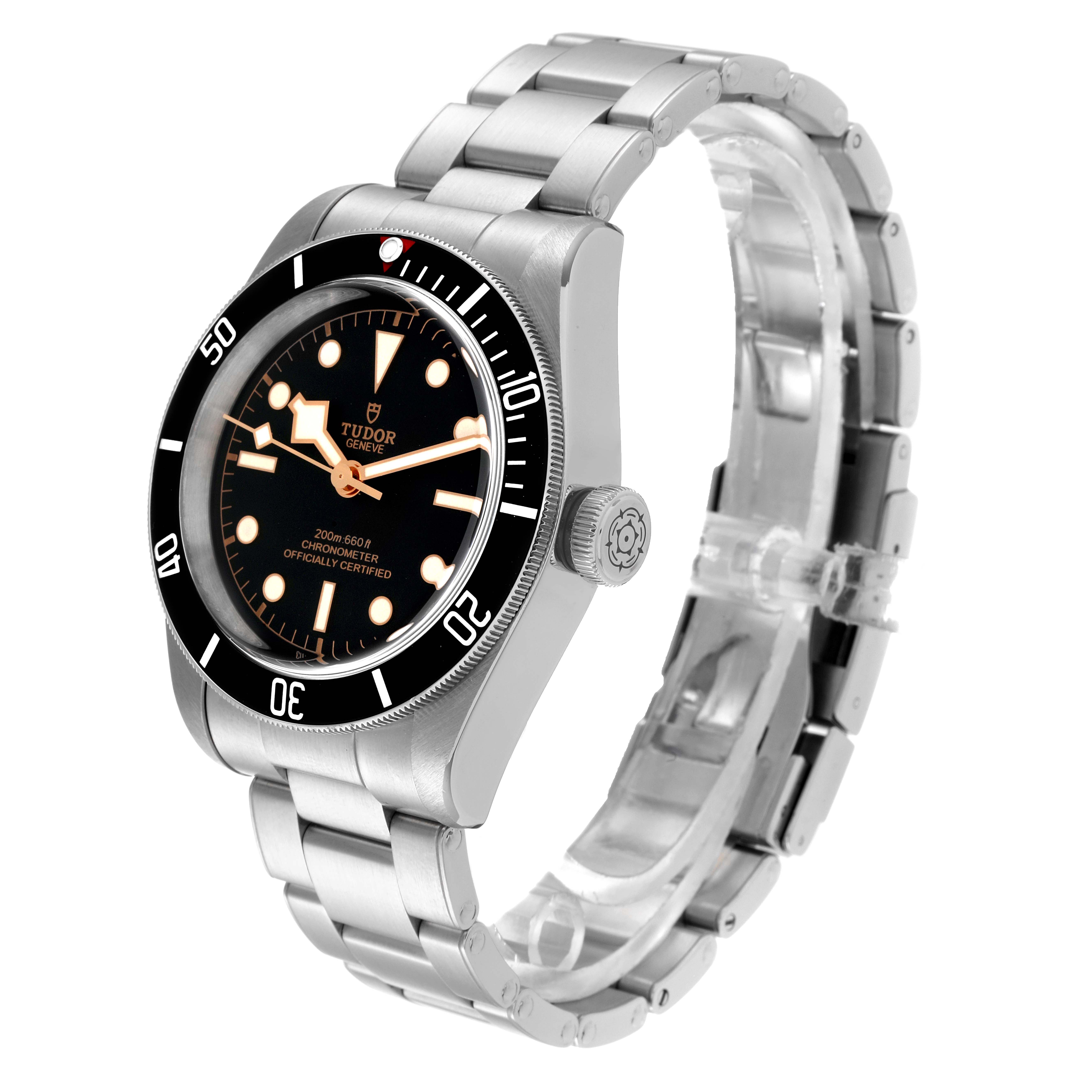 The Tudor Heritage Black Bay 79230 Men's Stainless Steel Black Dial 79230 Men's Stainless Steel Black Dial watch is shown at a three-quarter angle, displaying its face, bezel, crown, and bracelet.