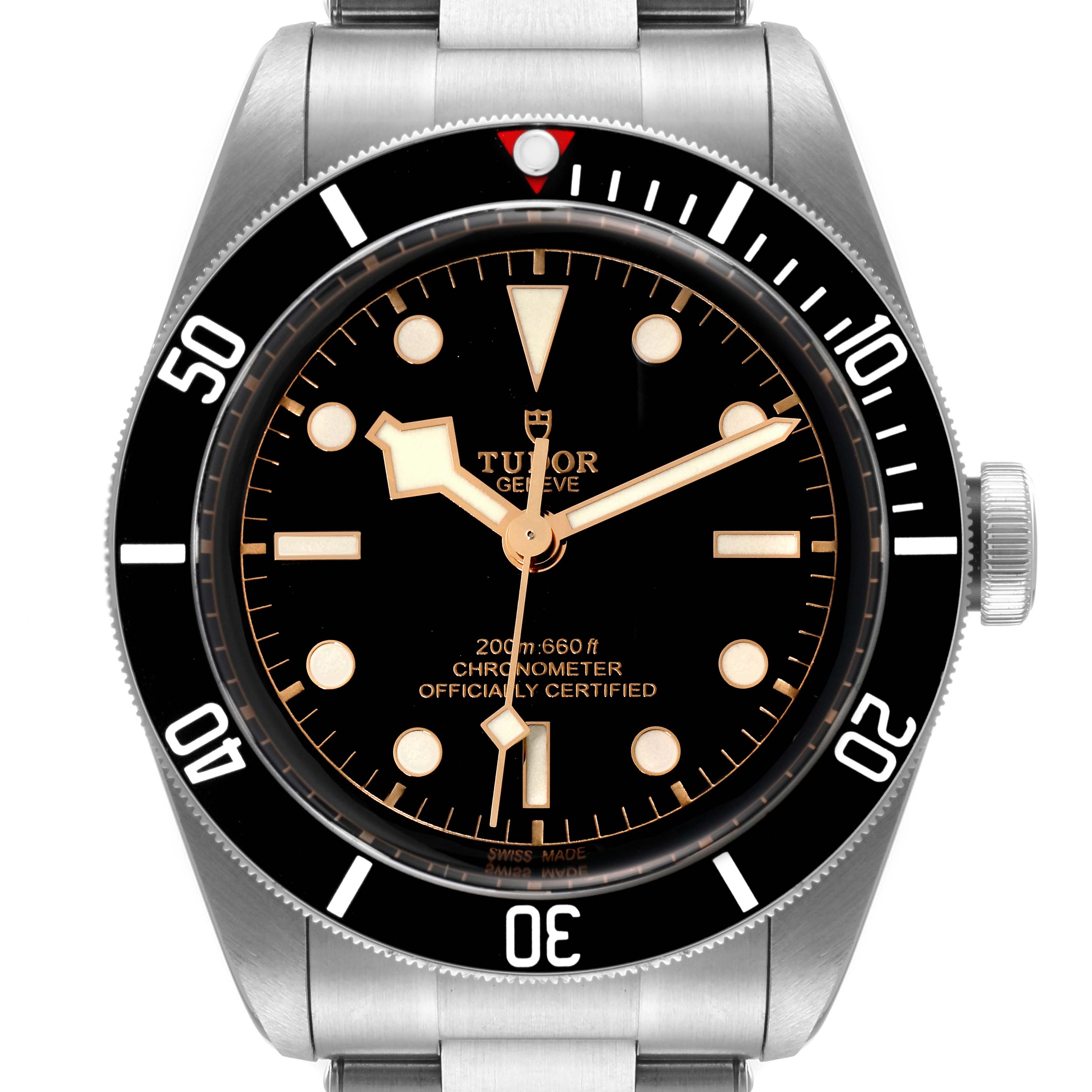 The image shows a front view of the Tudor Heritage Black Bay 79230 Men's Stainless Steel Black Dial 79230 Men's Stainless Steel Black Dial watch, highlighting the dial, crown, and bezel.
