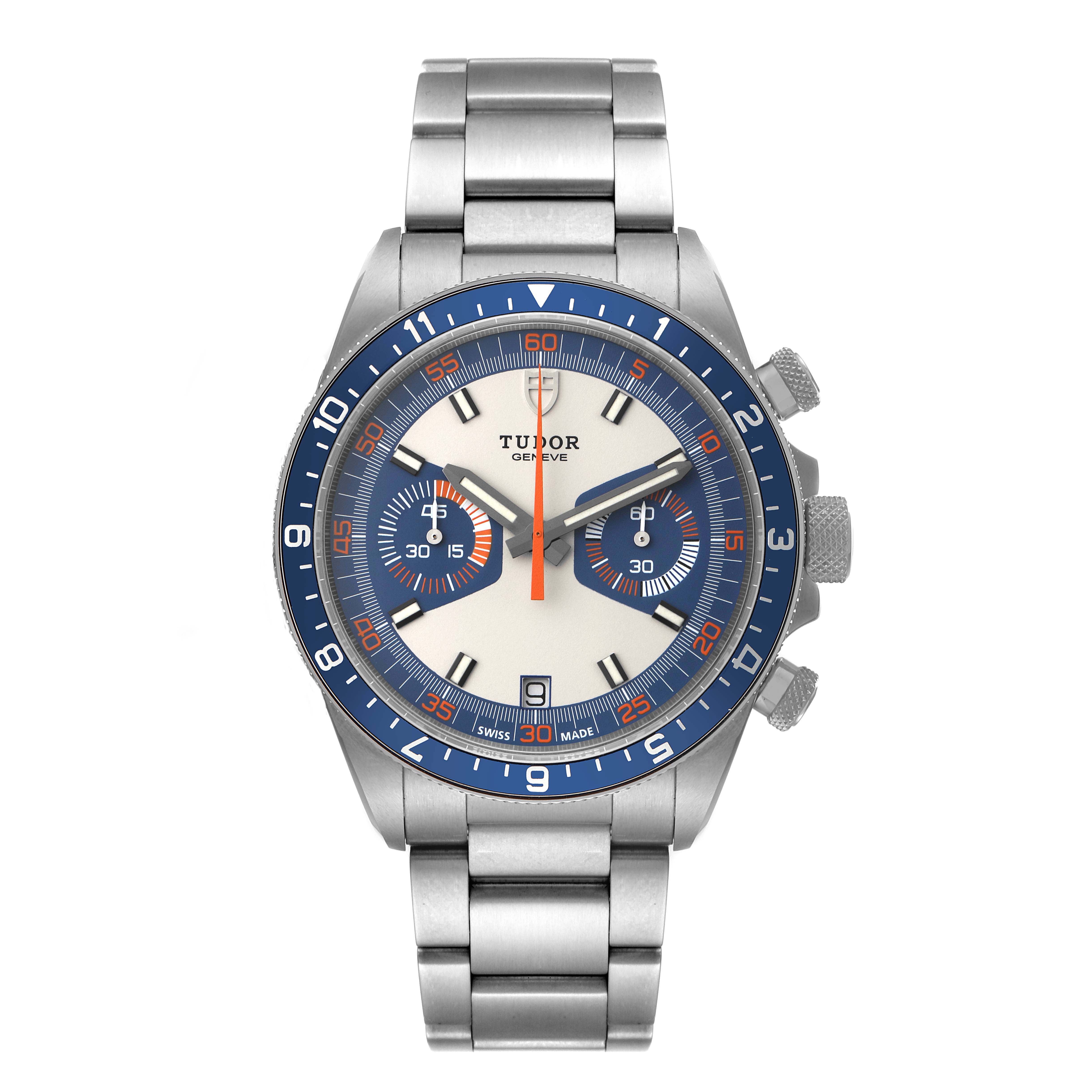 This is a front view of the Tudor Heritage Chrono 70330B Men's Stainless Steel Blue Dial 70330B Men's Stainless Steel Blue Dial watch, showing the face, bezel, chronograph subdials, and bracelet.
