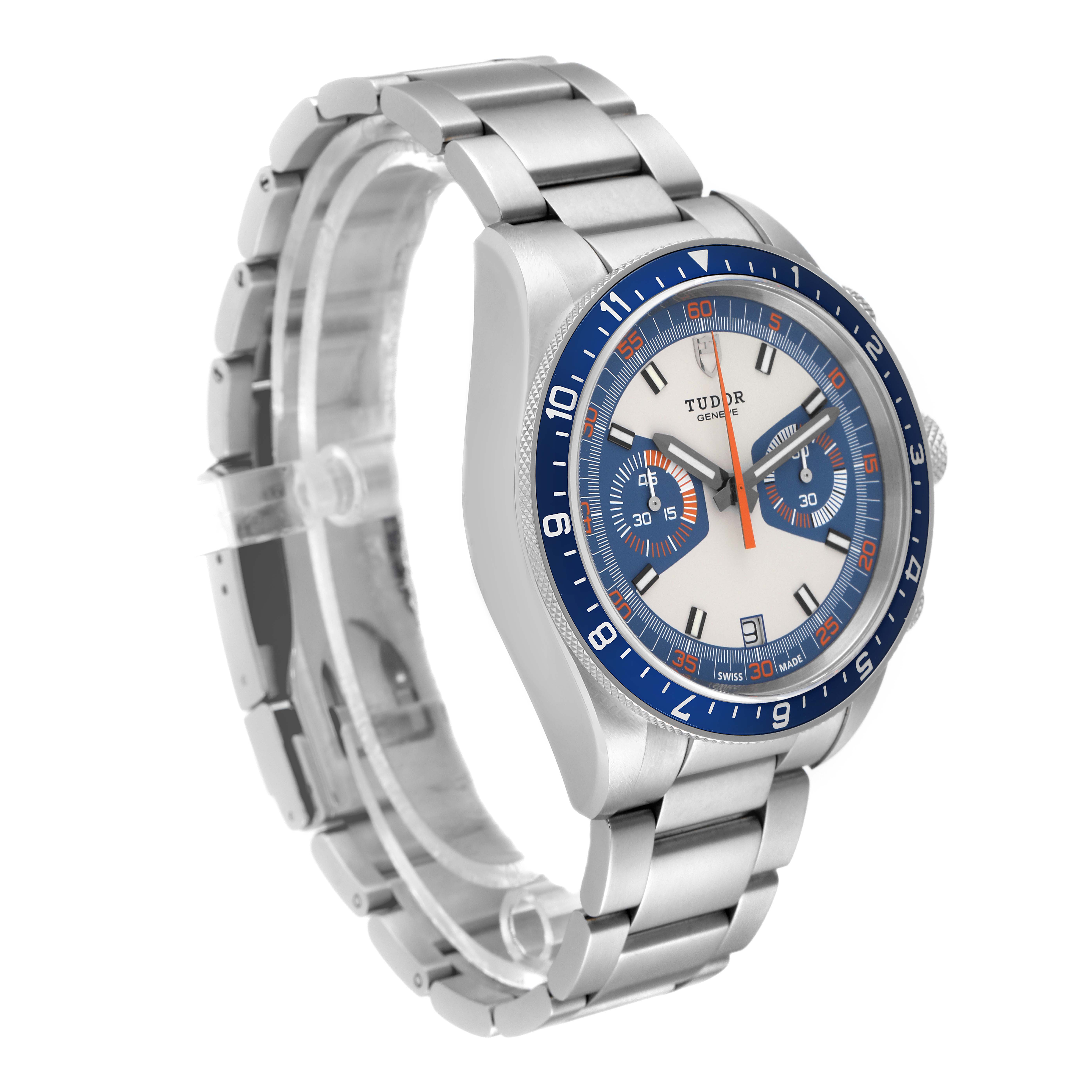 The Tudor Heritage Chrono 70330B Men's Stainless Steel Blue Dial 70330B Men's Stainless Steel Blue Dial watch is shown at an angled view displaying its face, bezel, and bracelet.