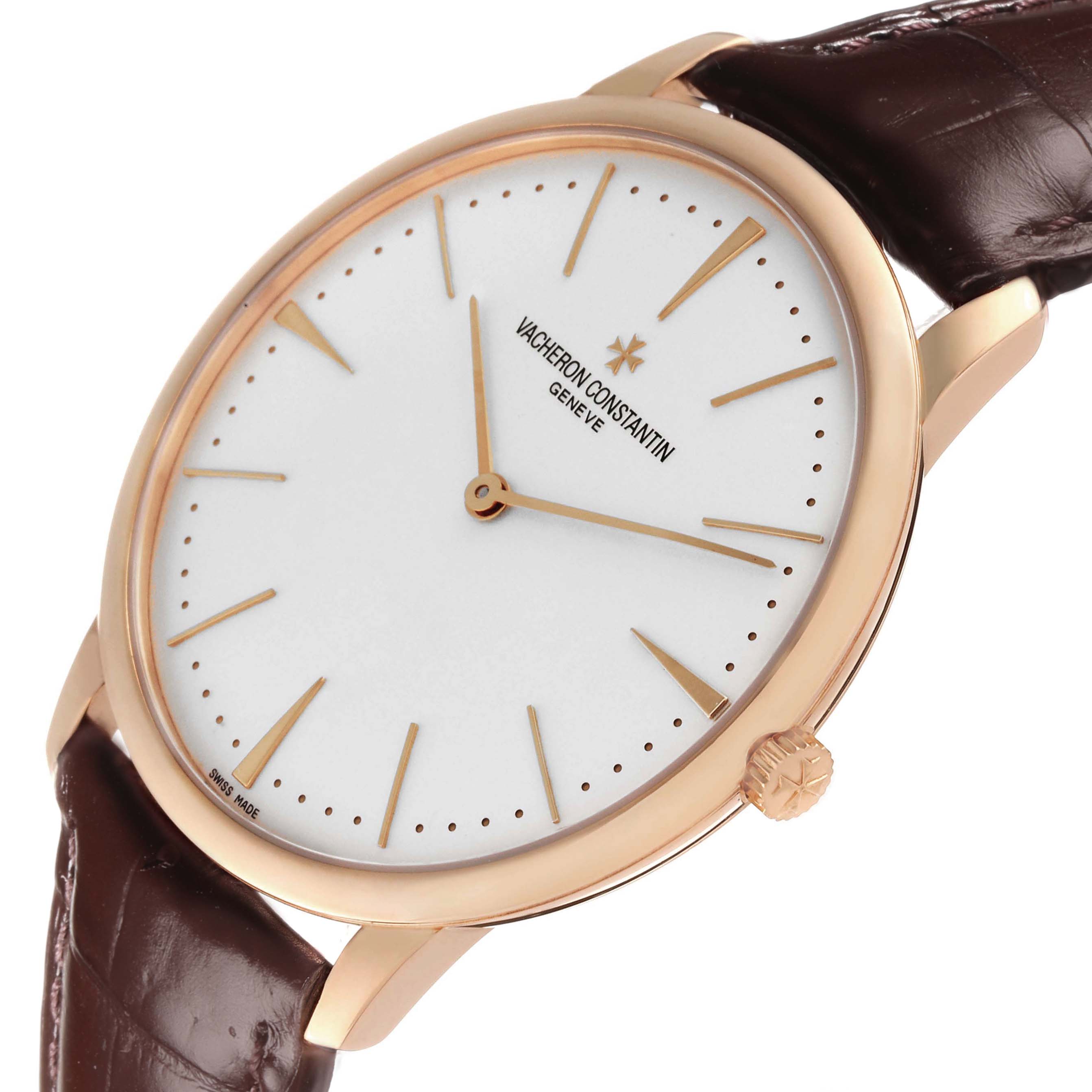 The Vacheron Constantin Patrimony 81180 Men
s Rose Gold Silver Dial watch is shown at a slight side angle, highlighting the dial, crown, and leather strap.