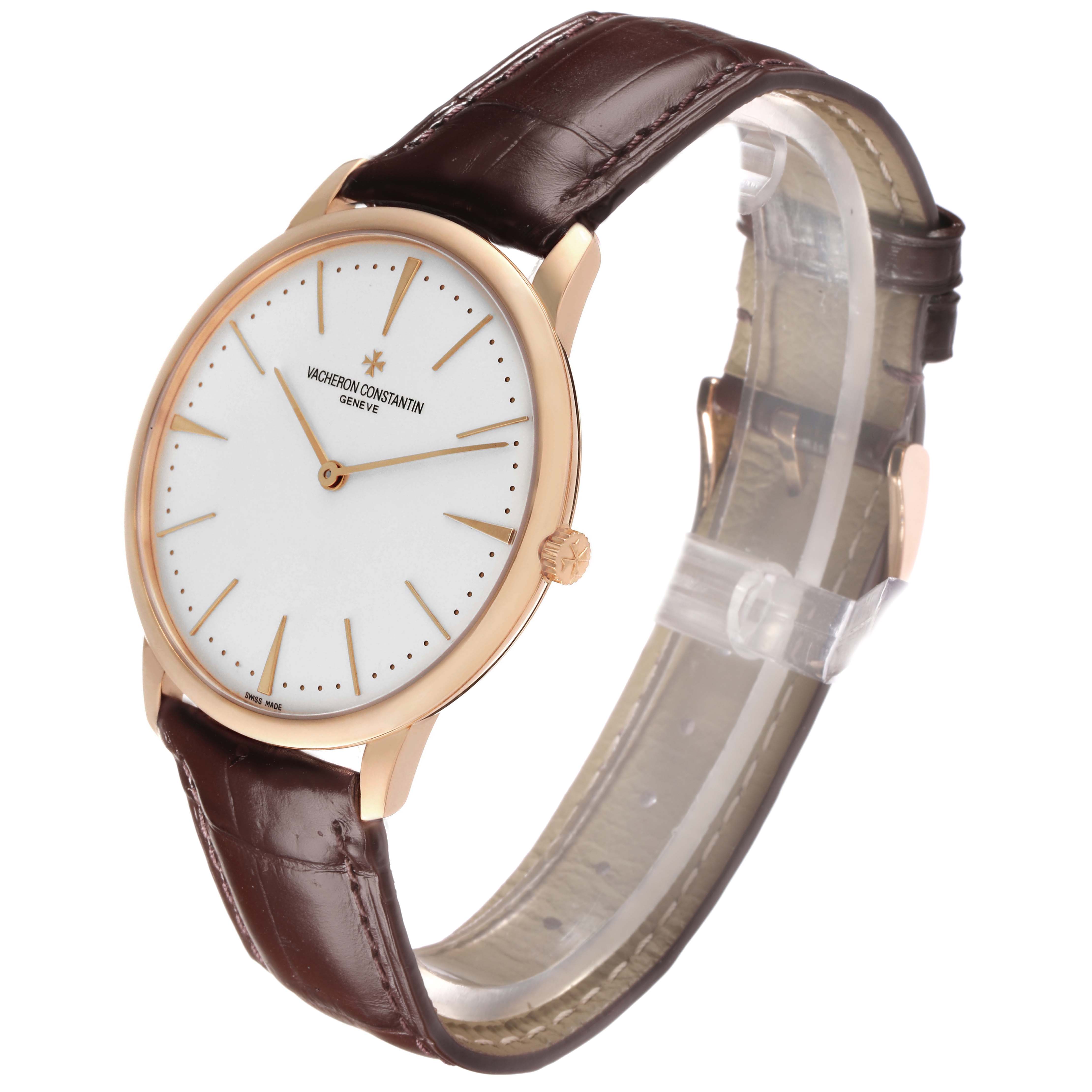 The Vacheron Constantin Patrimony 81180 Men
s Rose Gold Silver Dial is shown at a three-quarter angle, displaying the face, case, crown, and leather strap.