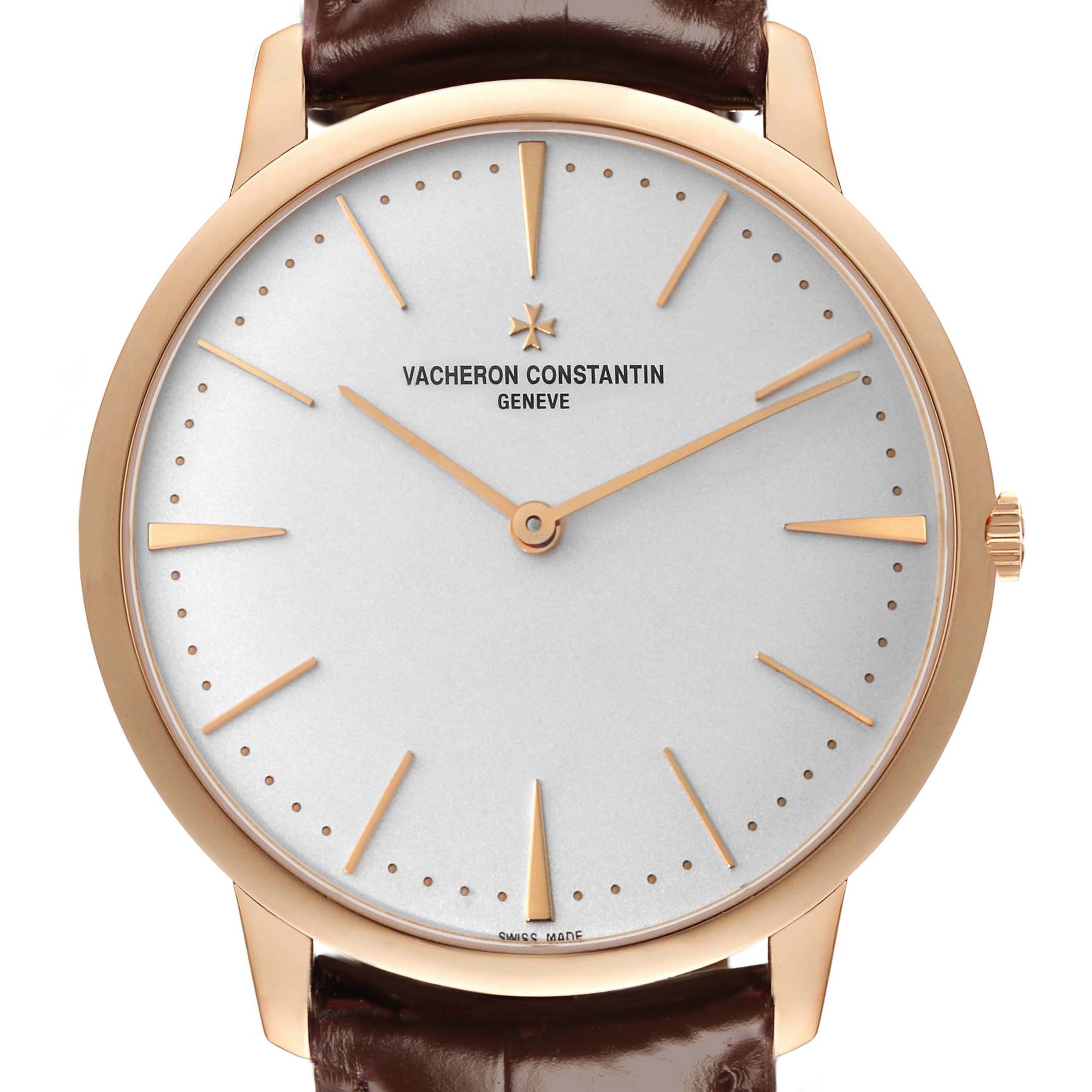 The Vacheron Constantin Patrimony 81180 Men
s Rose Gold Silver Dial watch is shown from a front angle, highlighting its dial, hands, and case.