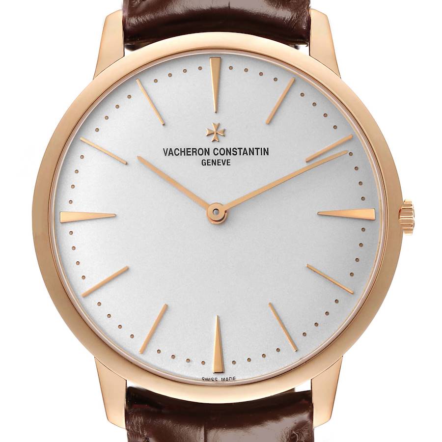 The Vacheron Constantin Patrimony 81180 Men's Rose Gold Silver Dial watch is shown from a front angle, highlighting its dial, hands, and case.