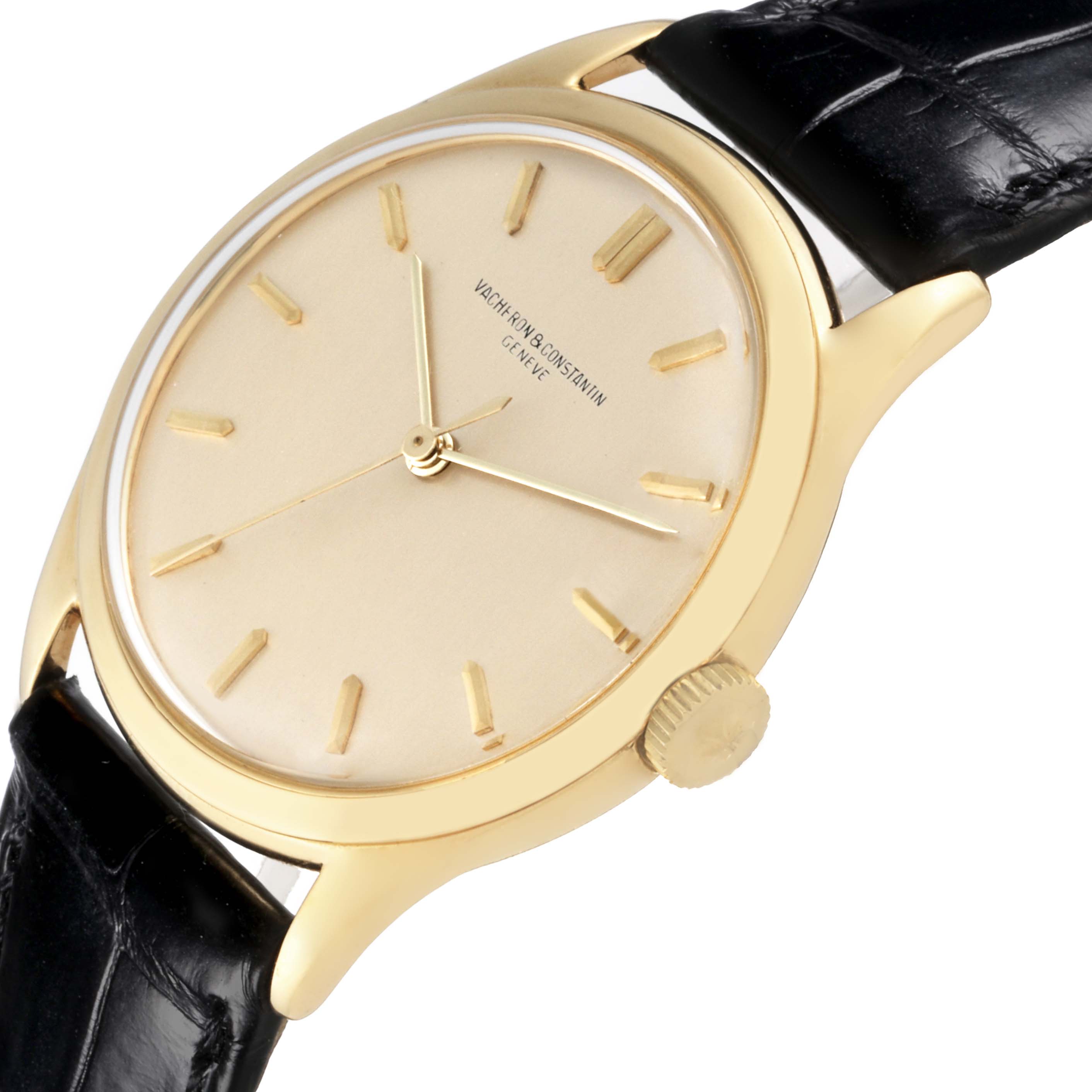 The Vacheron Constantin Vintage Men's Yellow Gold Silver Dial Men's Yellow Gold Silver Dial watch is shown at a three-quarter angle, displaying the dial, crown, hands, and the black leather strap.