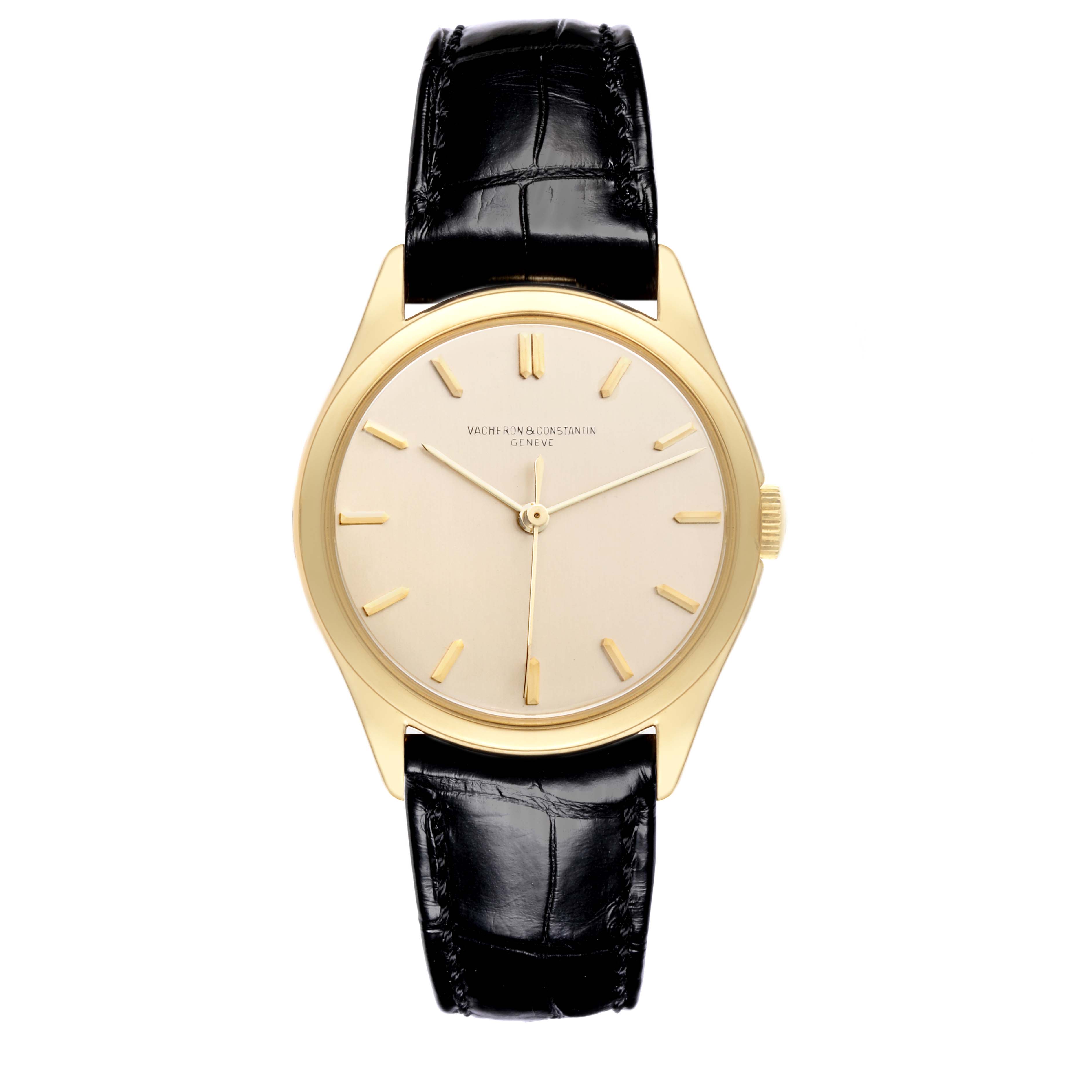 The Vacheron Constantin Vintage Men's Yellow Gold Silver Dial Men's Yellow Gold Silver Dial watch is shown from a front angle, displaying its dial, case, and black leather strap.