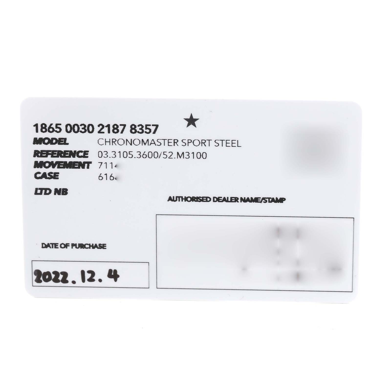 The image shows a warranty card for a Zenith Chronomaster 03.3105.3600 Men's Stainless Steel Blue Dial 03.3105.3600 Men's Stainless Steel Blue Dial Sport Steel watch.