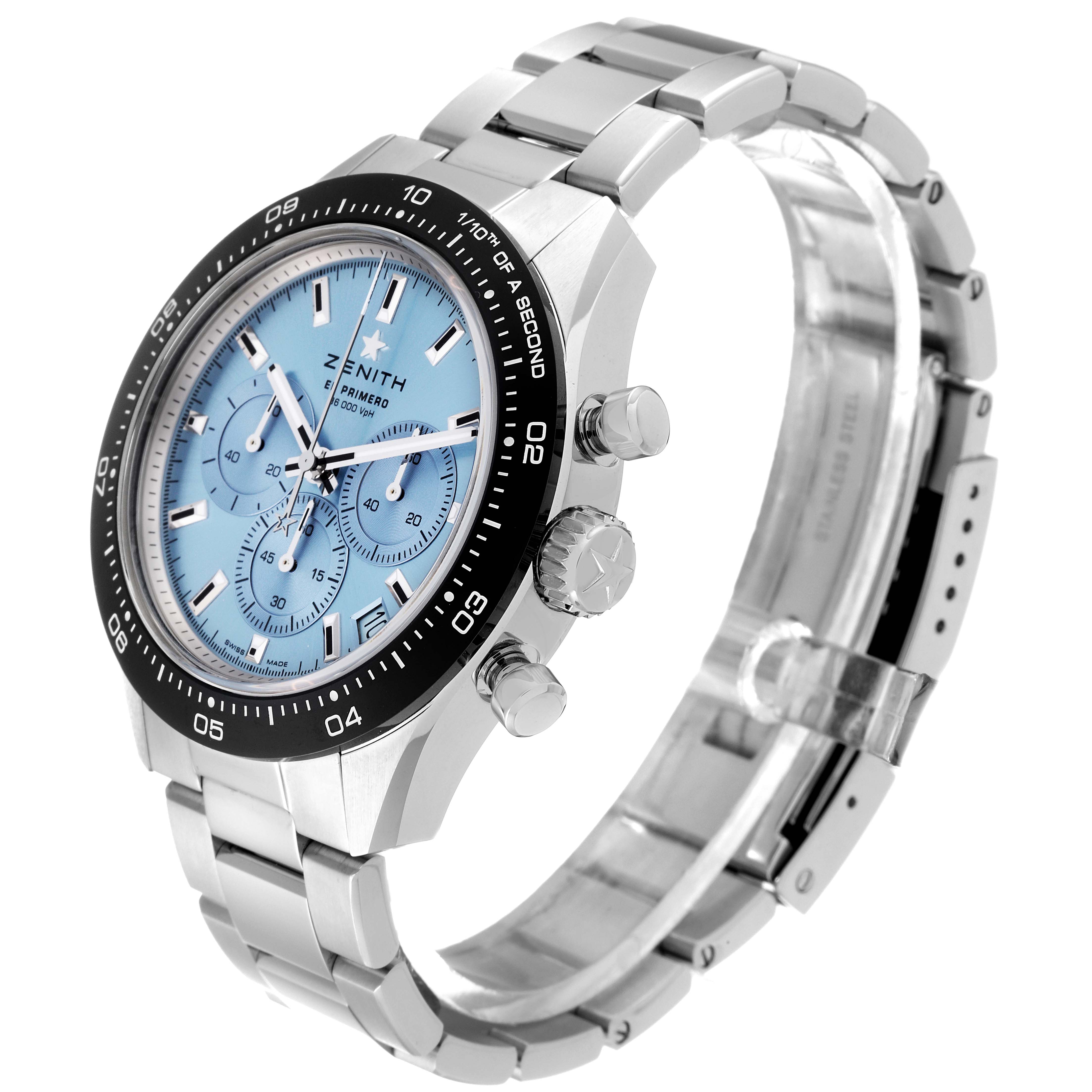 This Zenith Chronomaster 03.3105.3600 Men's Stainless Steel Blue Dial 03.3105.3600 Men's Stainless Steel Blue Dial watch is shown at an oblique angle, highlighting its face, pushers, crown, and metal bracelet.