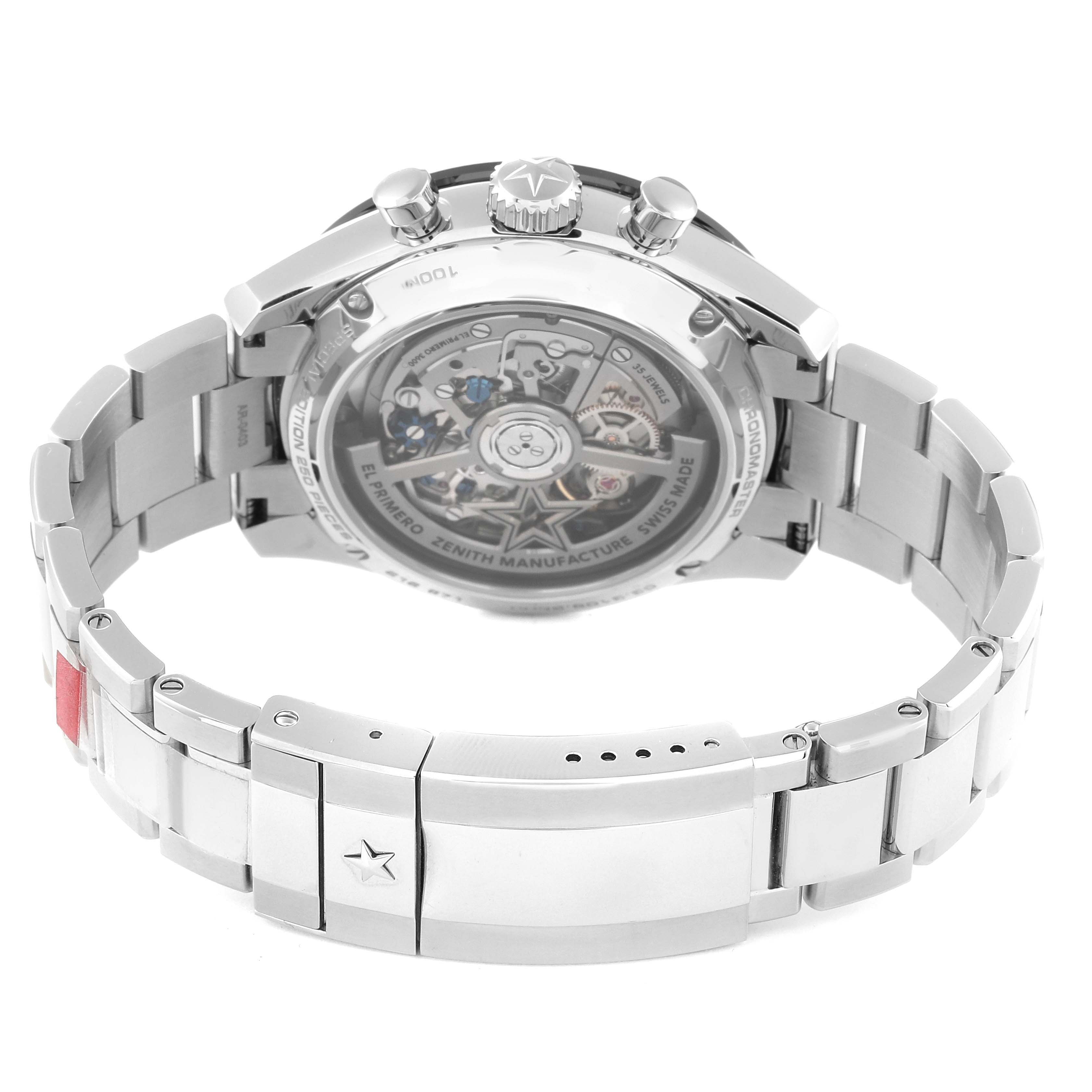 The image shows the back view of the Zenith Chronomaster 03.3105.3600 Men's Stainless Steel Blue Dial 03.3105.3600 Men's Stainless Steel Blue Dial watch, highlighting the case back and metal bracelet.