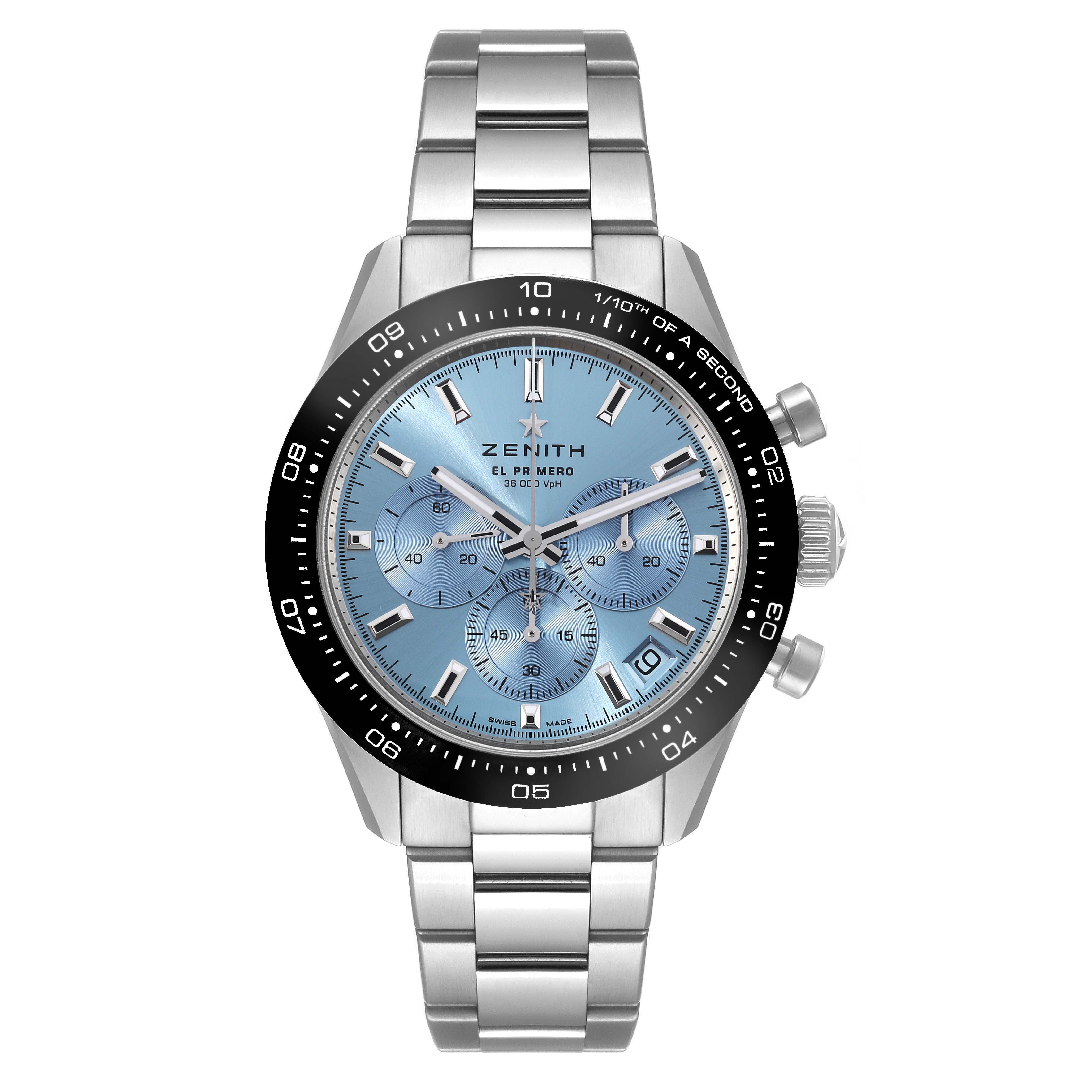 The Zenith Chronomaster 03.3105.3600 Men's Stainless Steel Blue Dial 03.3105.3600 Men's Stainless Steel Blue Dial watch is shown from a top-down angle, displaying the face, bezel, and stainless steel bracelet.