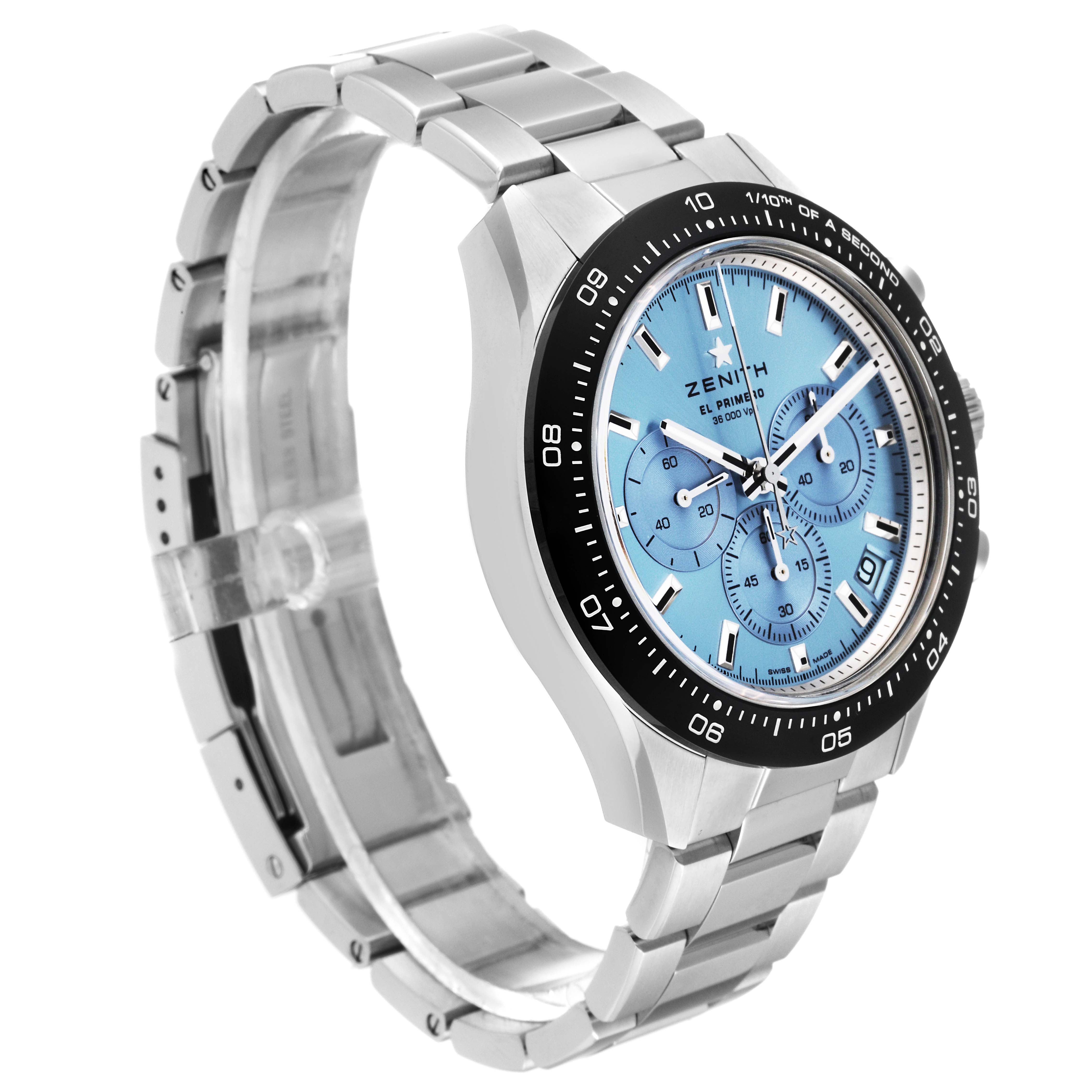 The image shows a side angle view of the Zenith Chronomaster 03.3105.3600 Men's Stainless Steel Blue Dial 03.3105.3600 Men's Stainless Steel Blue Dial watch, highlighting its face, bezel, and stainless steel bracelet.