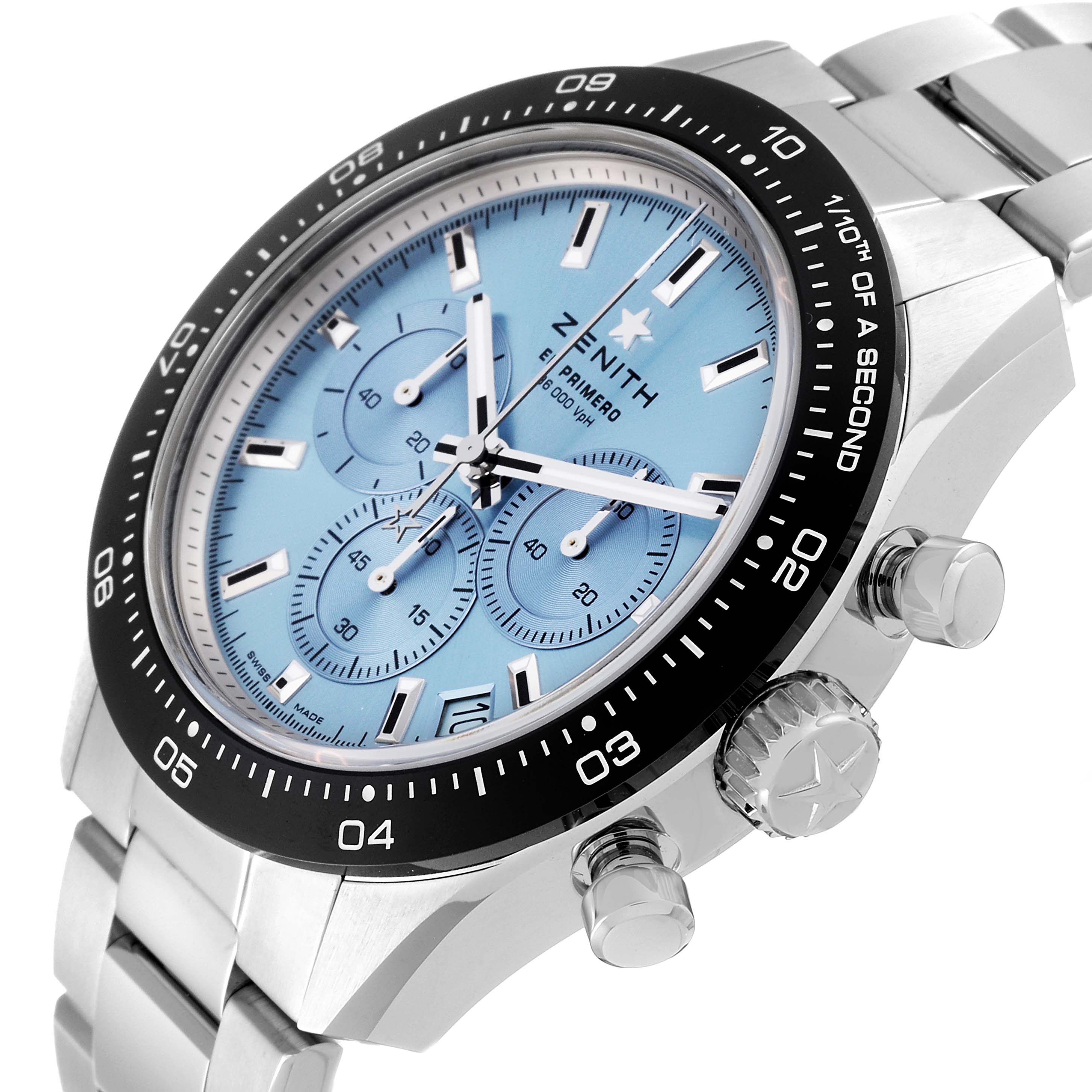 The image shows a Zenith Chronomaster 03.3105.3600 Men's Stainless Steel Blue Dial 03.3105.3600 Men's Stainless Steel Blue Dial watch at an angled side view, revealing the face, bezel, crown, and pushers.