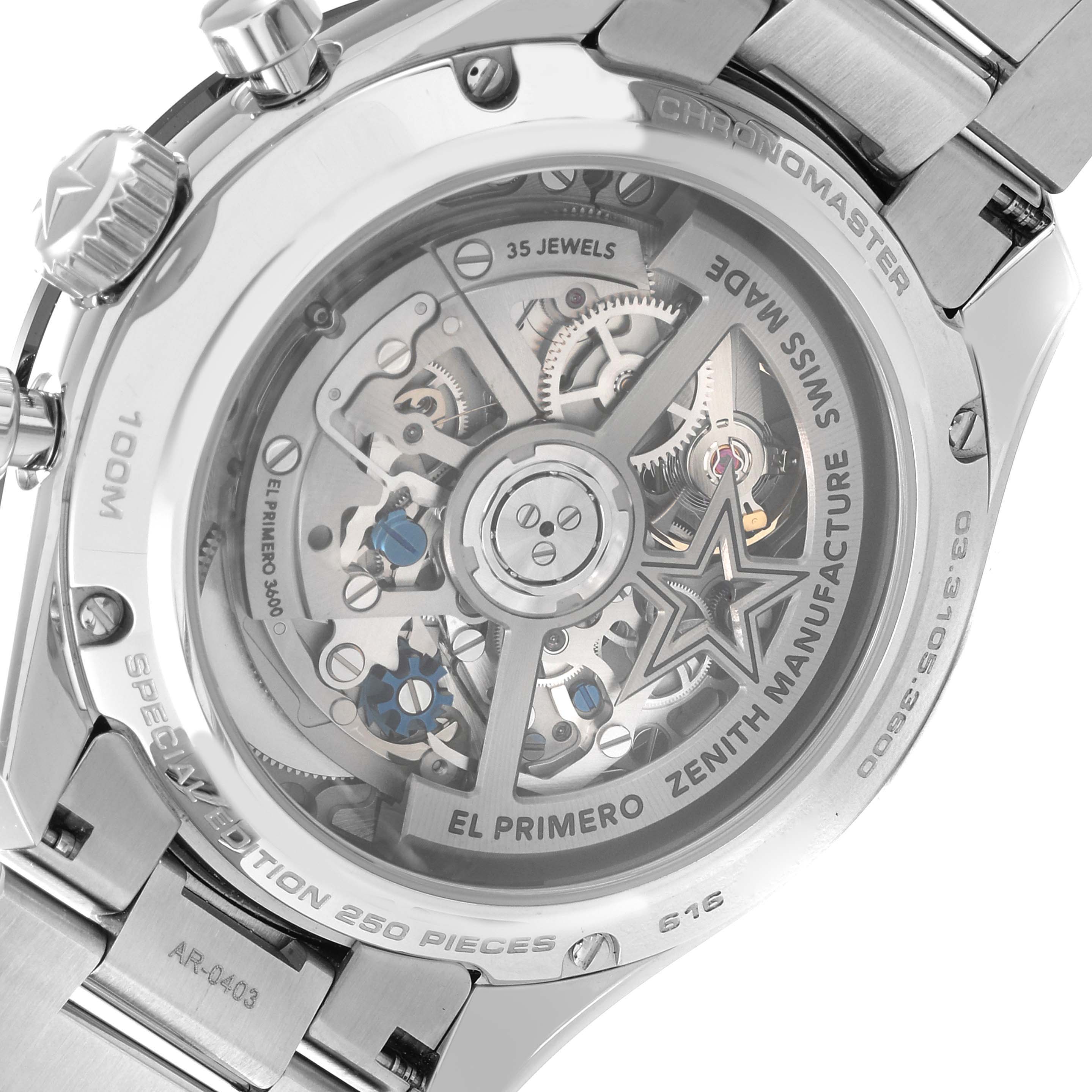 The image shows the back view of a Zenith Chronomaster 03.3105.3600 Men's Stainless Steel Blue Dial 03.3105.3600 Men's Stainless Steel Blue Dial watch, highlighting its internal mechanics and labeling.