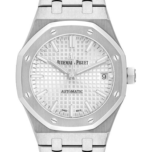 The image shows a front view of the Audemars Piguet Royal Oak 15450ST Men's Stainless Steel Silver Dial, featuring its octagonal bezel, dial, hands, and part of the bracelet.