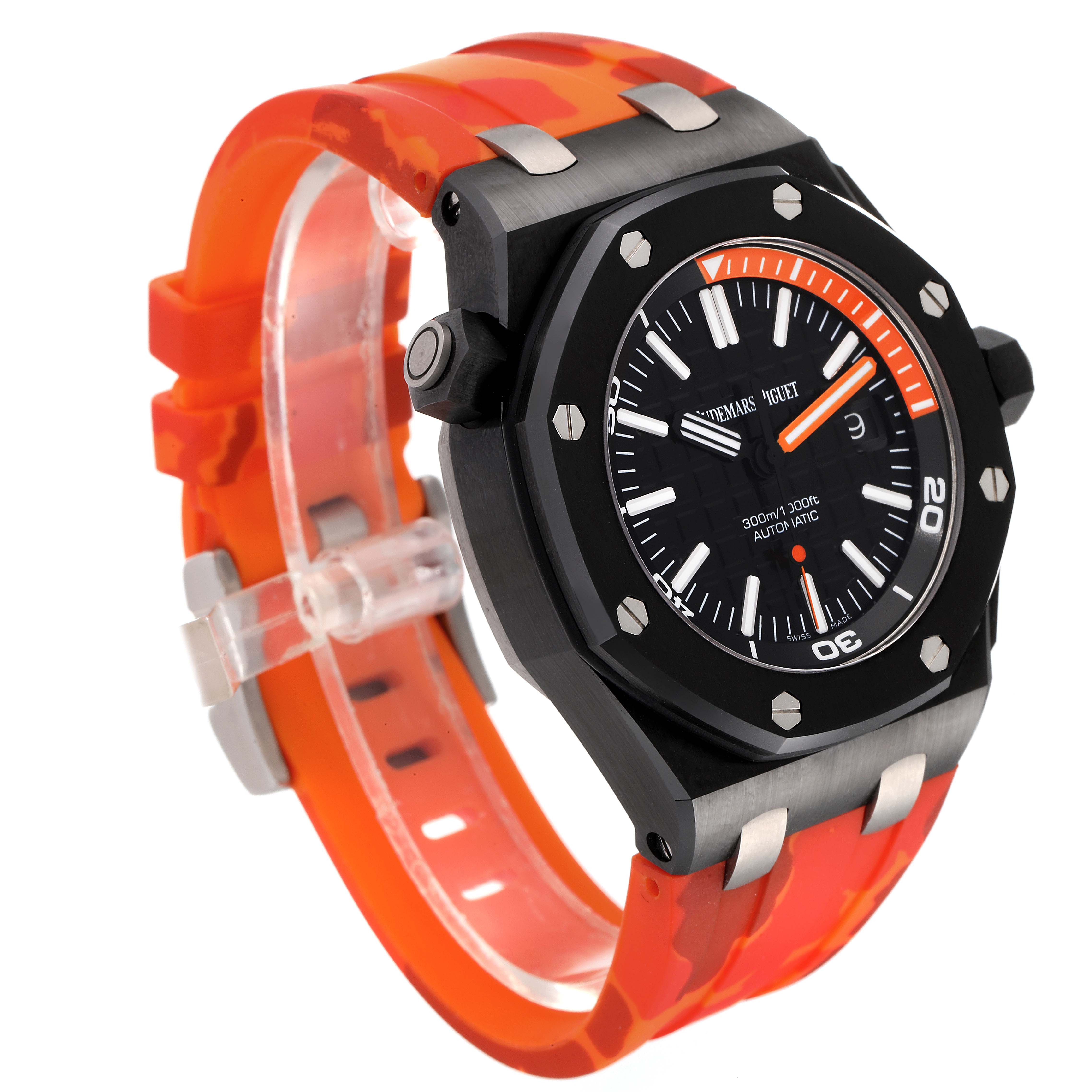 This image shows an Audemars Piguet Royal Oak Offshore 15707CE.OO.A002CA.01 Men's Ceramic Black Dial 15707CE.OO.A002CA.01 Men's Ceramic Black Dial watch angled from the front-left, highlighting the dial and orange camo strap.