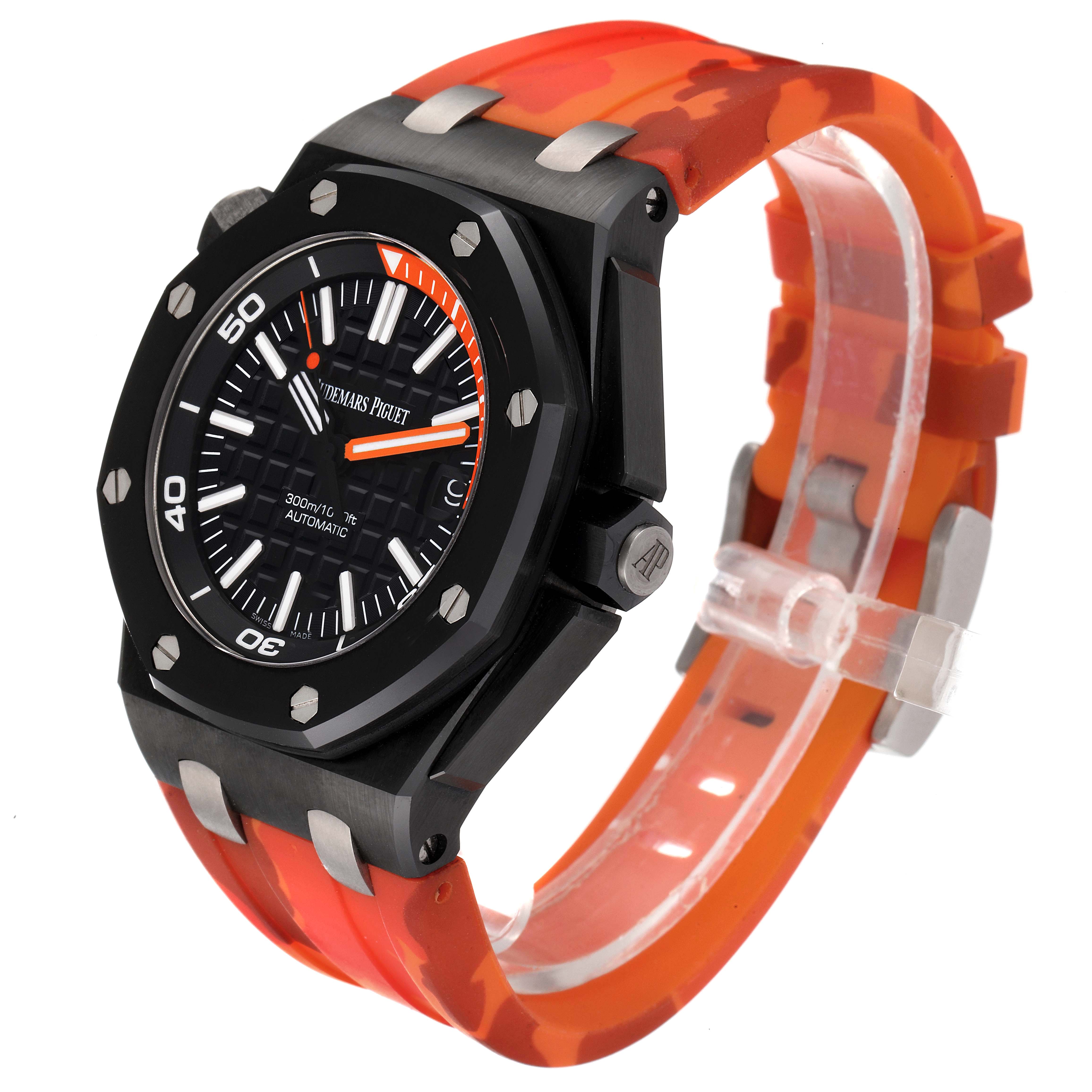 The image shows an angled view of the Audemars Piguet Royal Oak Offshore 15707CE.OO.A002CA.01 Men's Ceramic Black Dial 15707CE.OO.A002CA.01 Men's Ceramic Black Dial watch with its black dial and orange camo strap.