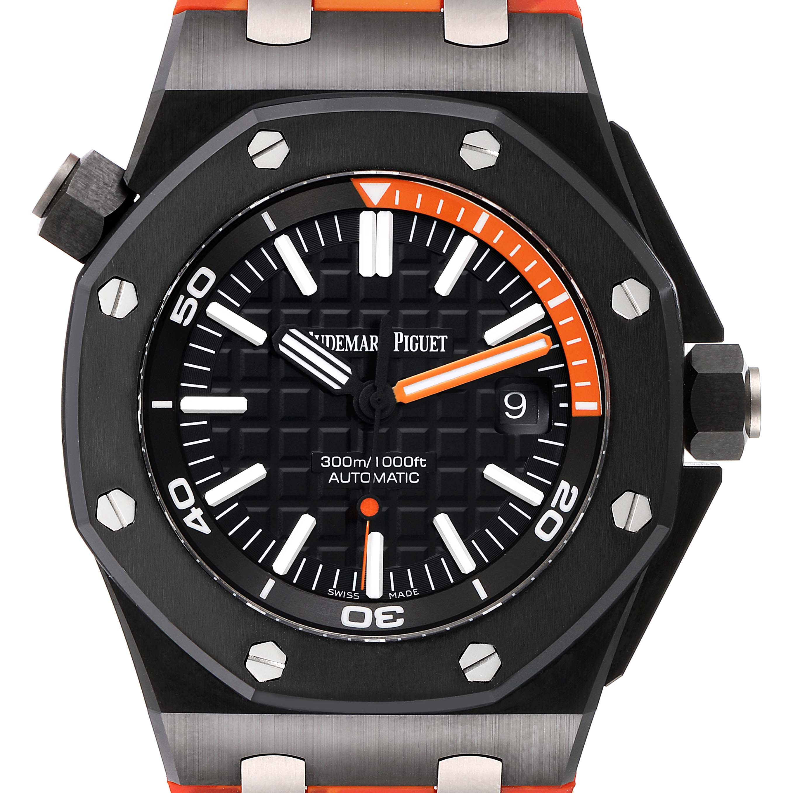 The Royal Oak Offshore by Audemars Piguet is shown from a top-down angle, highlighting the dial, bezel, and part of the strap.