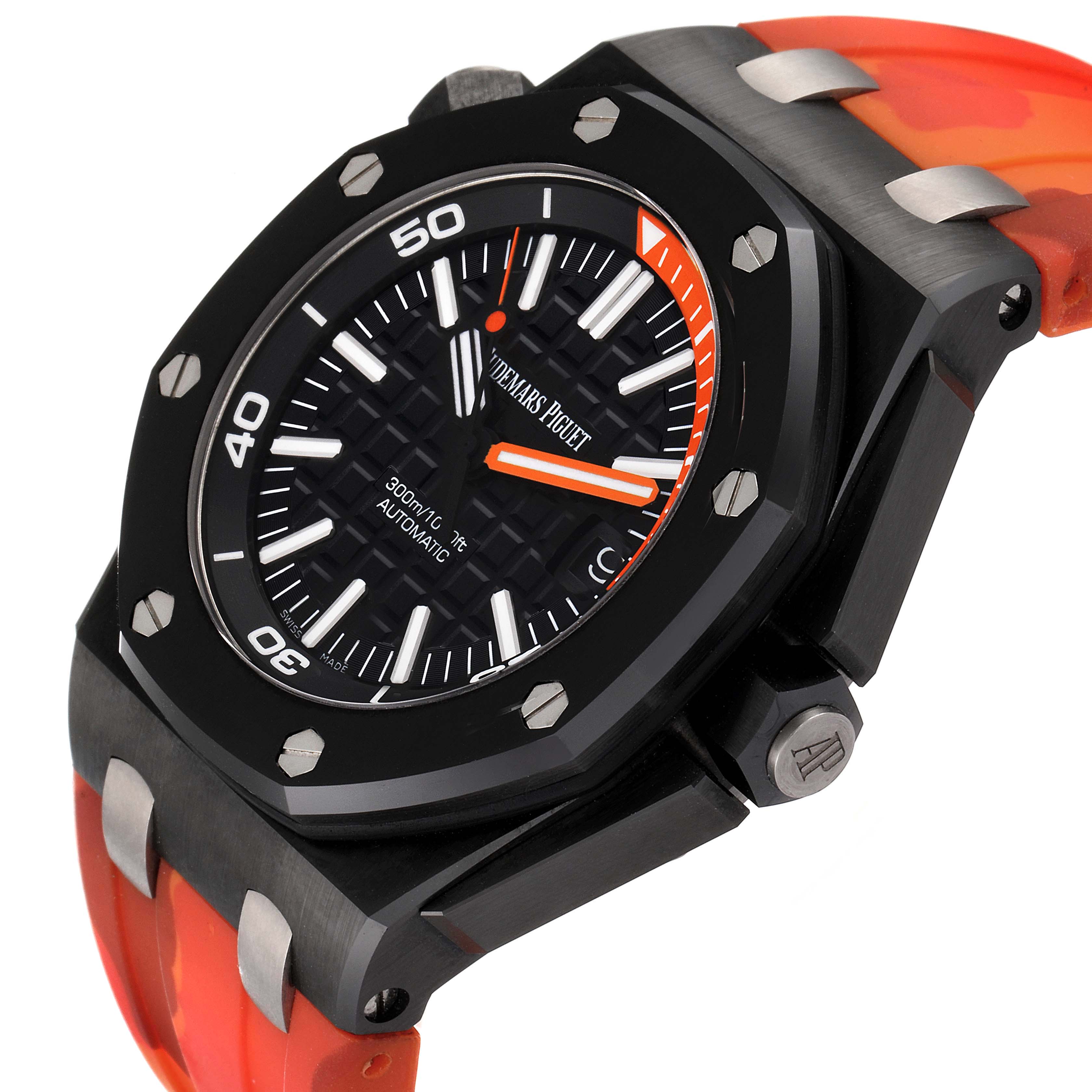 This image shows a close-up side angle of an Audemars Piguet Royal Oak Offshore 15707CE.OO.A002CA.01 Men's Ceramic Black Dial 15707CE.OO.A002CA.01 Men's Ceramic Black Dial watch, highlighting its orange strap and geometric bezel.