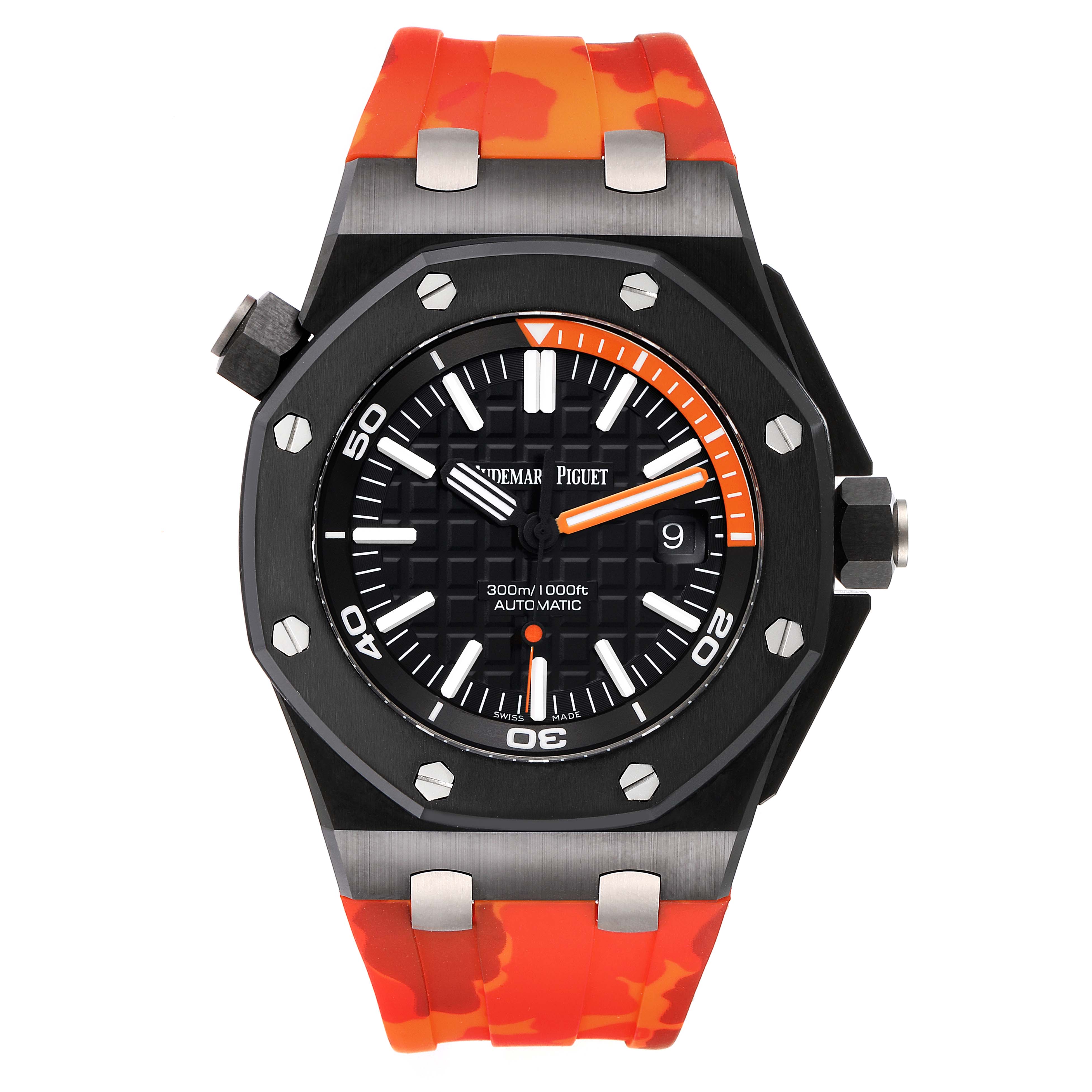 The image shows a front view of an Audemars Piguet Royal Oak Offshore 15707CE.OO.A002CA.01 Men's Ceramic Black Dial 15707CE.OO.A002CA.01 Men's Ceramic Black Dial watch with an orange camo strap.