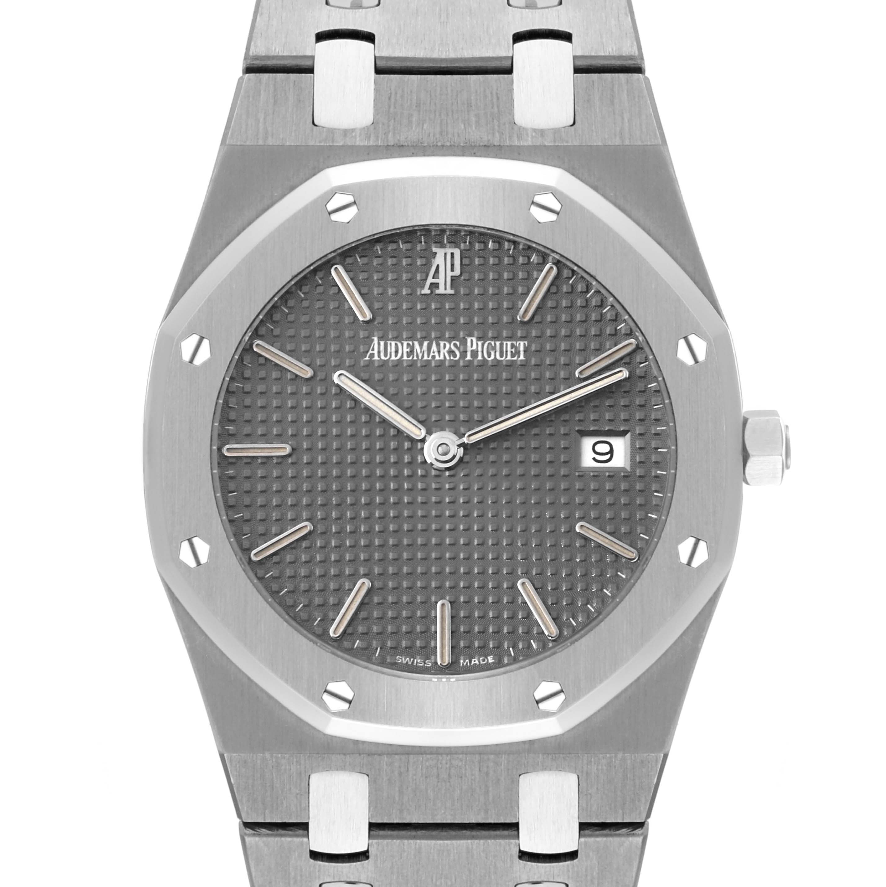 This image shows a front view of the Audemars Piguet Royal Oak 56175TT.00.0789TT.01 Men's Stainless Steel Grey Dial 56175TT.00.0789TT.01 Men's Stainless Steel Grey Dial watch, highlighting its octagonal bezel, gray dial, and bracelet.