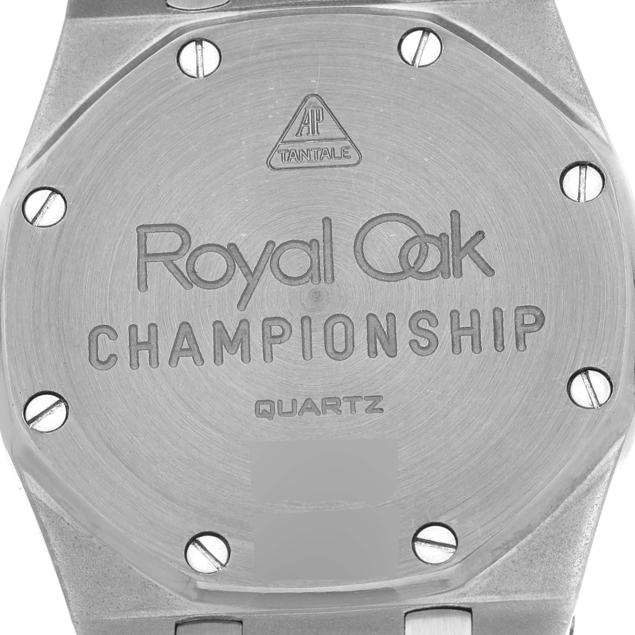 The image shows the back case of a Royal Oak model watch by Audemars Piguet, engraved with "Royal Oak Championship" and "Quartz".
