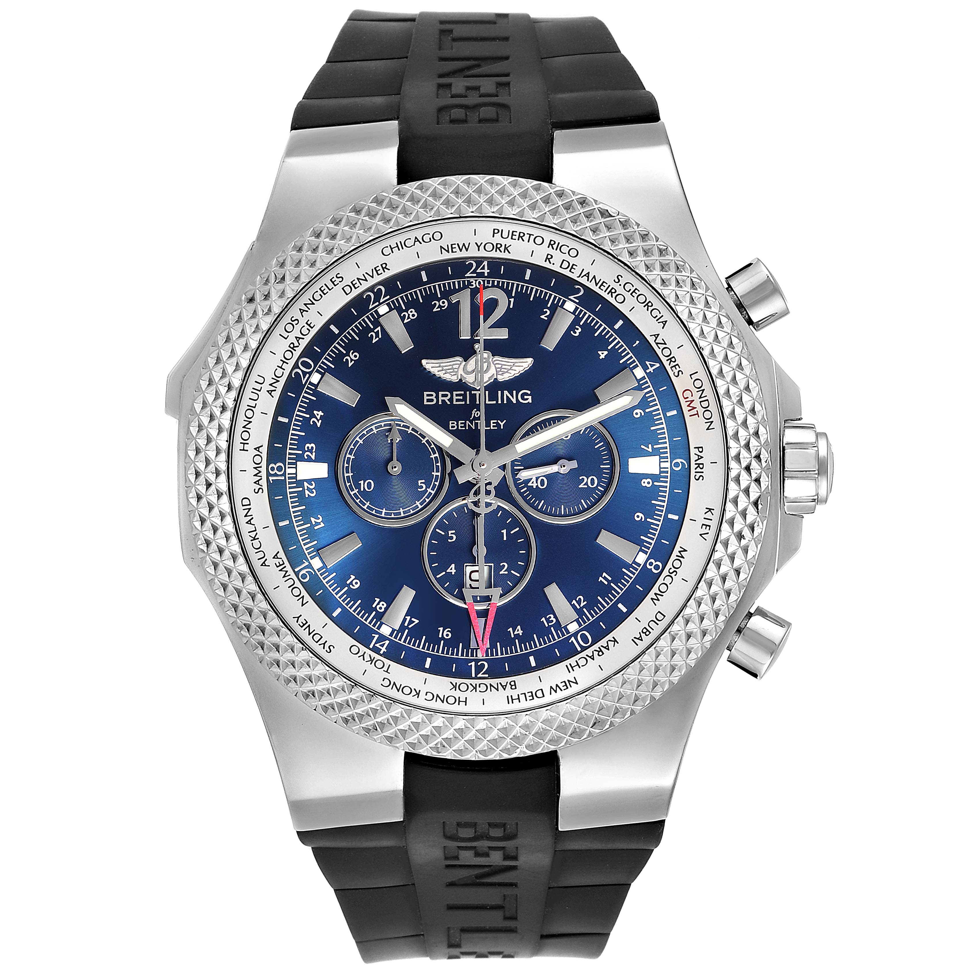 The image shows a Breitling Bentley A47362 Men's Stainless Steel Blue Dial A47362 Men's Stainless Steel Blue Dial watch from the front, featuring a blue dial, chronograph subdials, and a textured bezel.