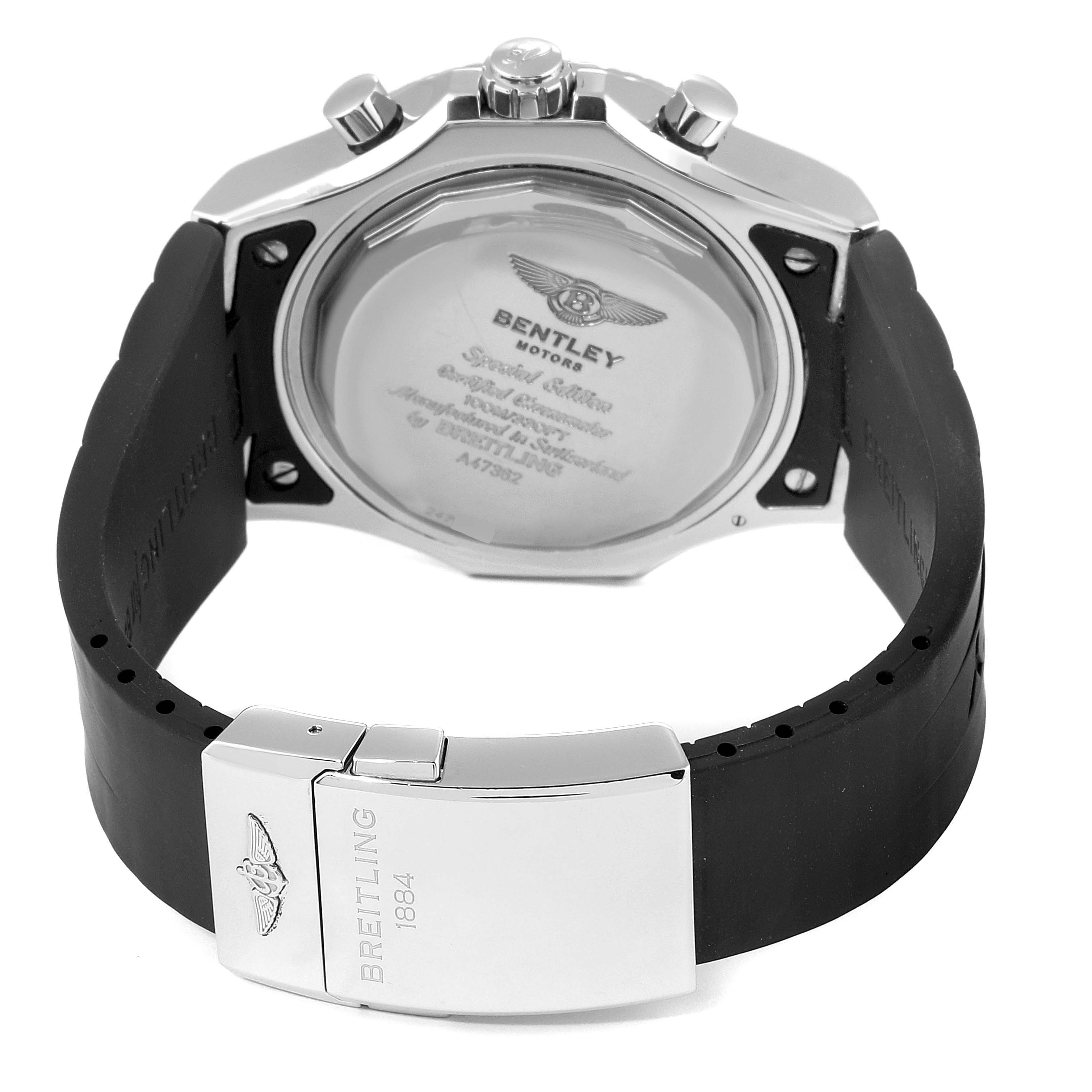 The image shows the back case, crown, pushers, and clasp of a Breitling Bentley A47362 Men's Stainless Steel Blue Dial A47362 Men's Stainless Steel Blue Dial model watch from a rear angle.