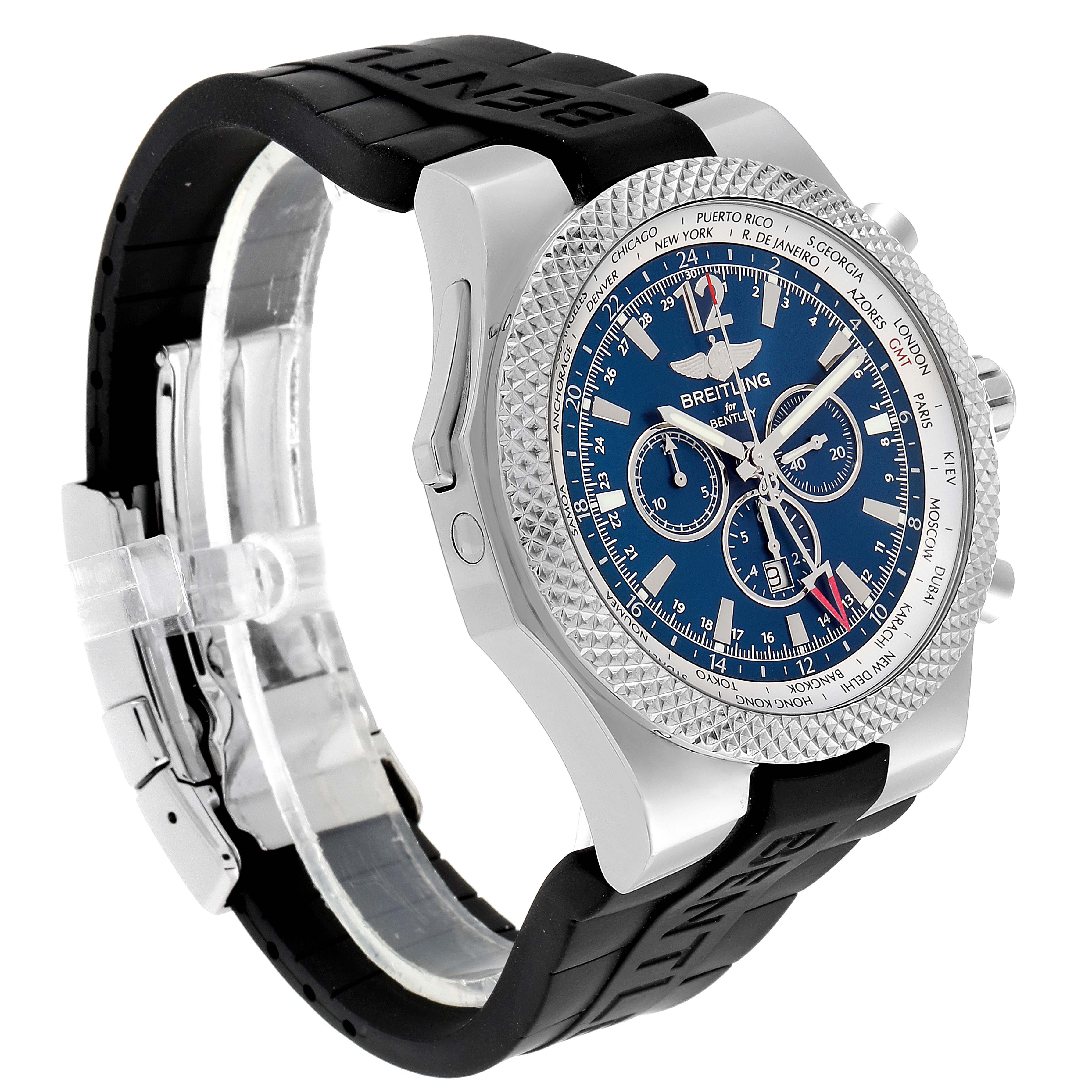 The image shows a side-angle view of the Breitling Bentley A47362 Men's Stainless Steel Blue Dial A47362 Men's Stainless Steel Blue Dial watch, featuring its blue dial, chronograph sub-dials, and black strap.