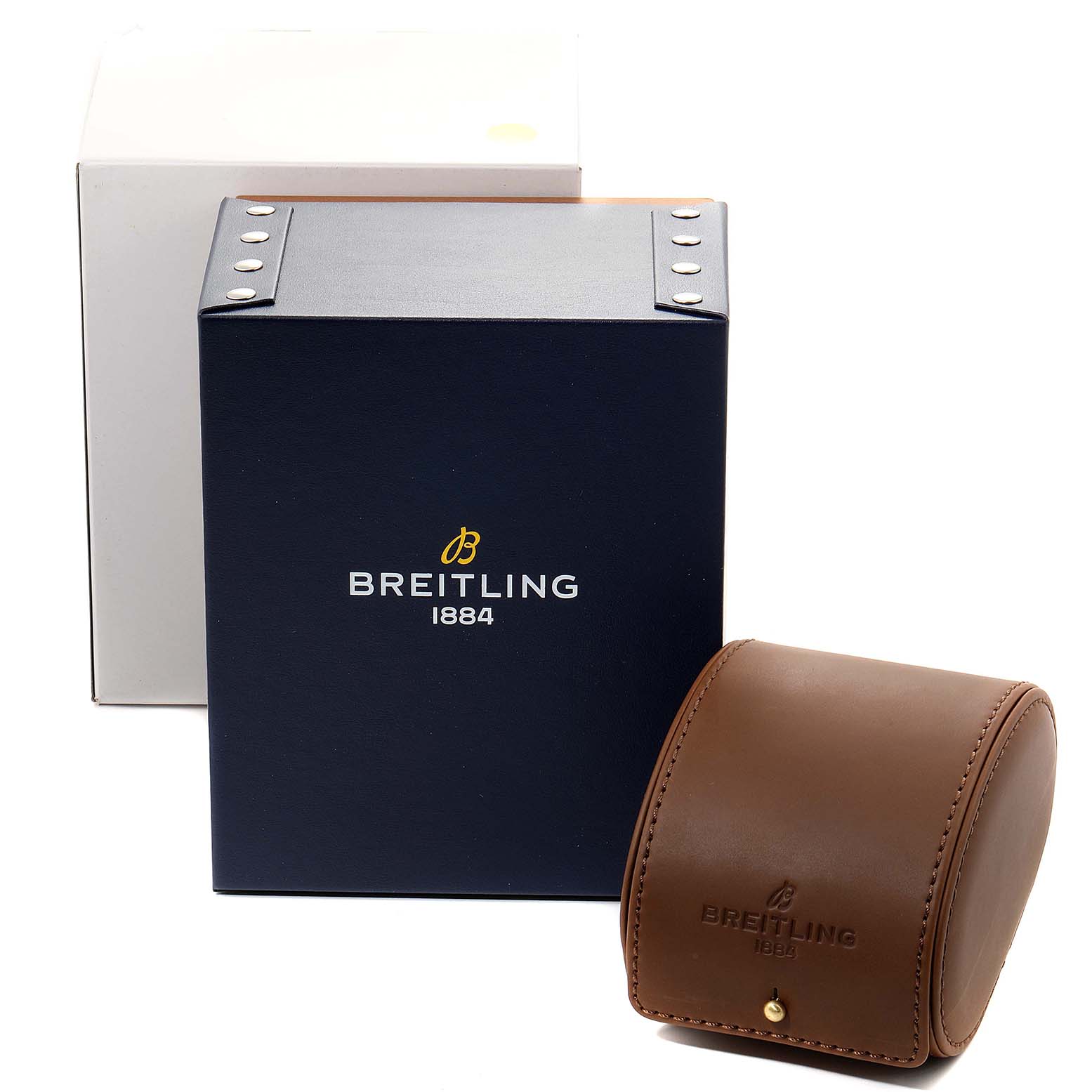 The image shows the packaging and a brown leather case for the Bentley model by Breitling.