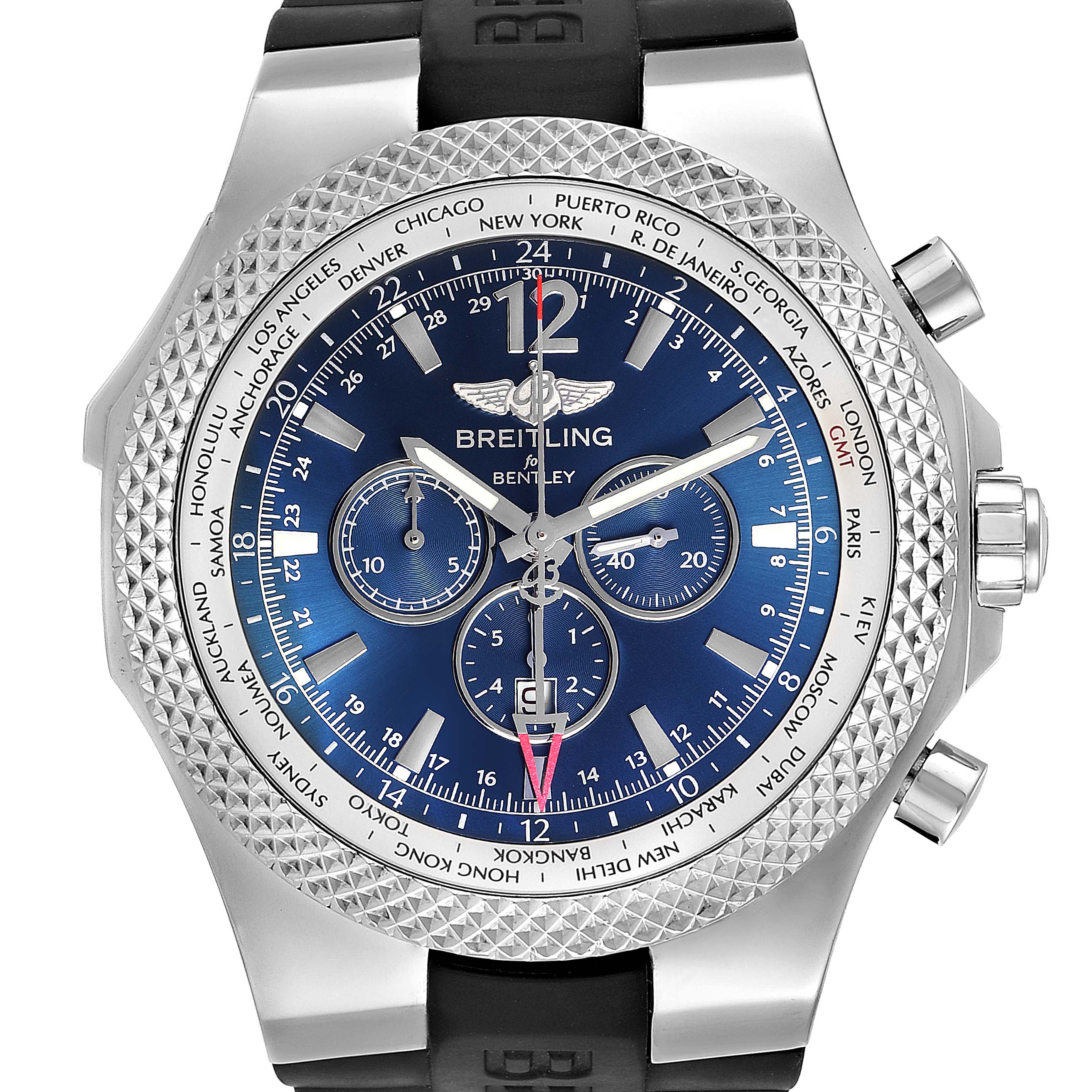 The image shows a frontal view of the Breitling Bentley A47362 Men's Stainless Steel Blue Dial A47362 Men's Stainless Steel Blue Dial watch, highlighting the dial, bezel, and crown.